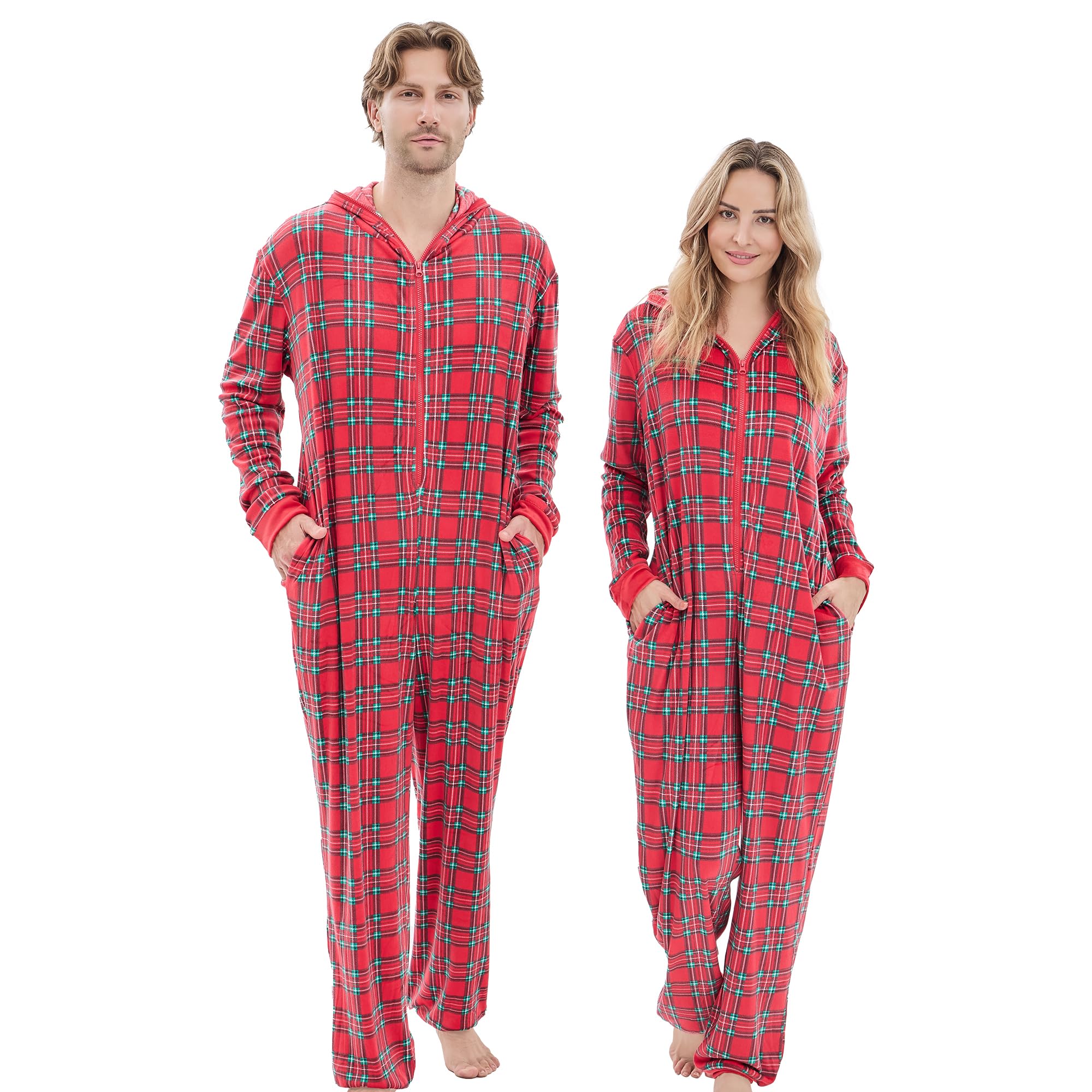 PJGGZ Onesie Couples Matching Pajamas - Funny Plaid Zipper Hooded Pjs Sets for Women & Men Soft Warm Christmas Jumpsuit WEBE CLOTHING