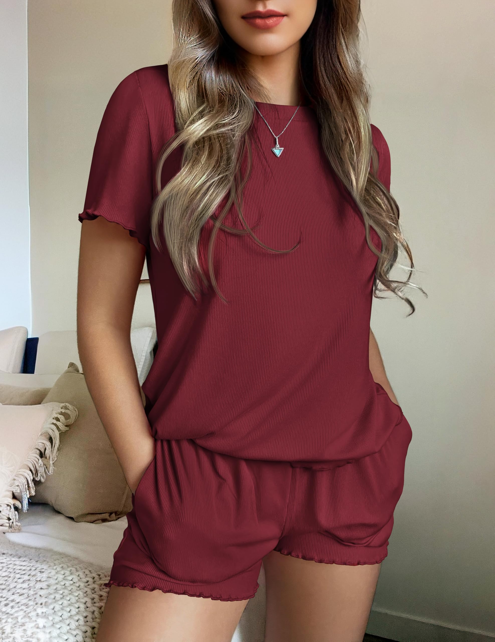 Ekouaer Womens Pajamas 2 Piece Ribbed Knit Pjs Short Sleeve Sleepwear Set Summer Soft Pajamas Set Casual Lounge Sets