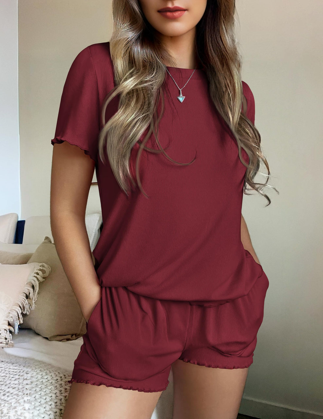 Ekouaer Womens Pajamas 2 Piece Ribbed Knit Pjs Short Sleeve Sleepwear Set Summer Soft Pajamas Set Casual Lounge Sets