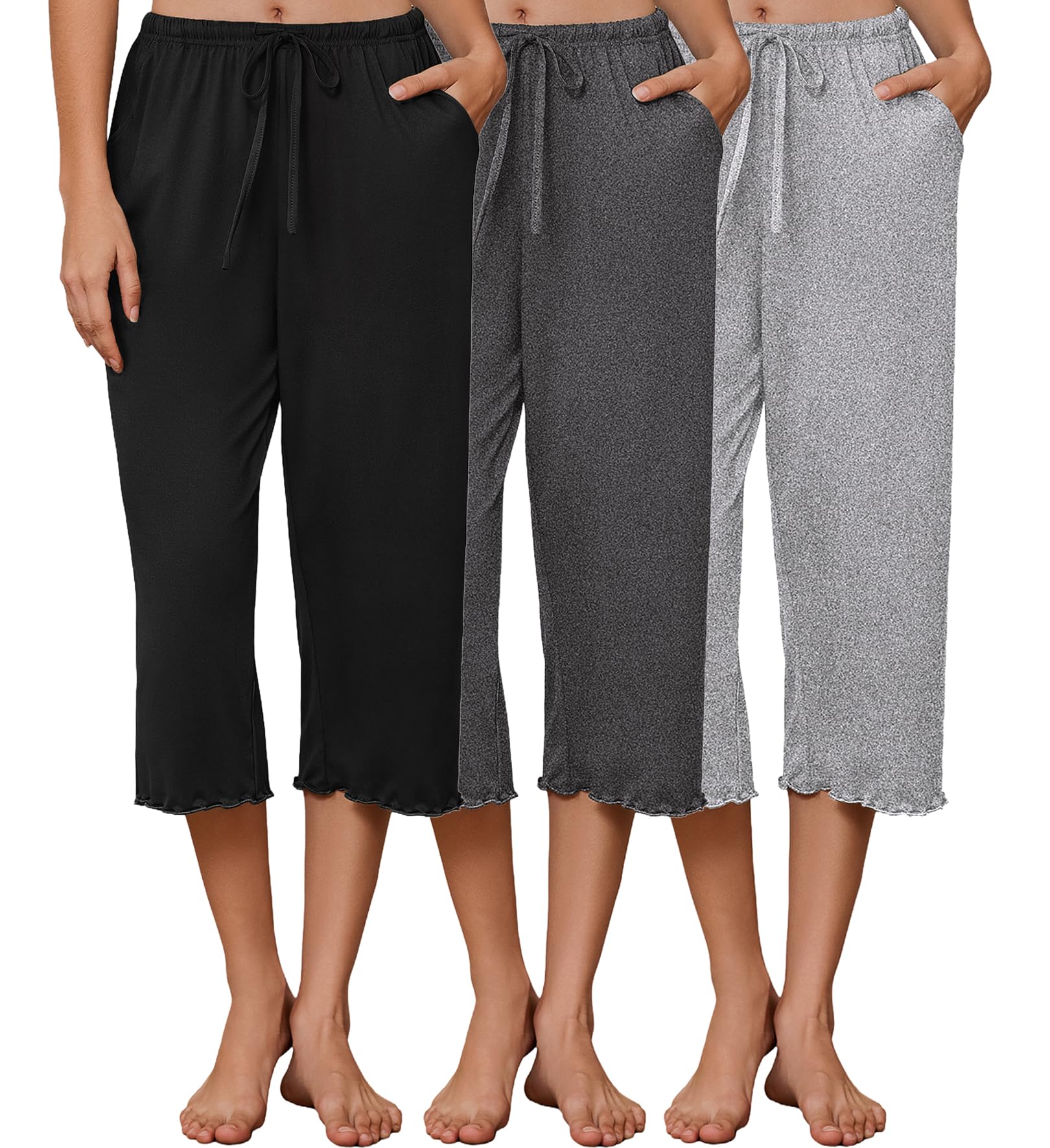 Ekouaer 3 Pack Women Capri Pajama Pants 2026 Ruffle Hem Lounge Pants Drawstring Pj Bottoms with Pockets