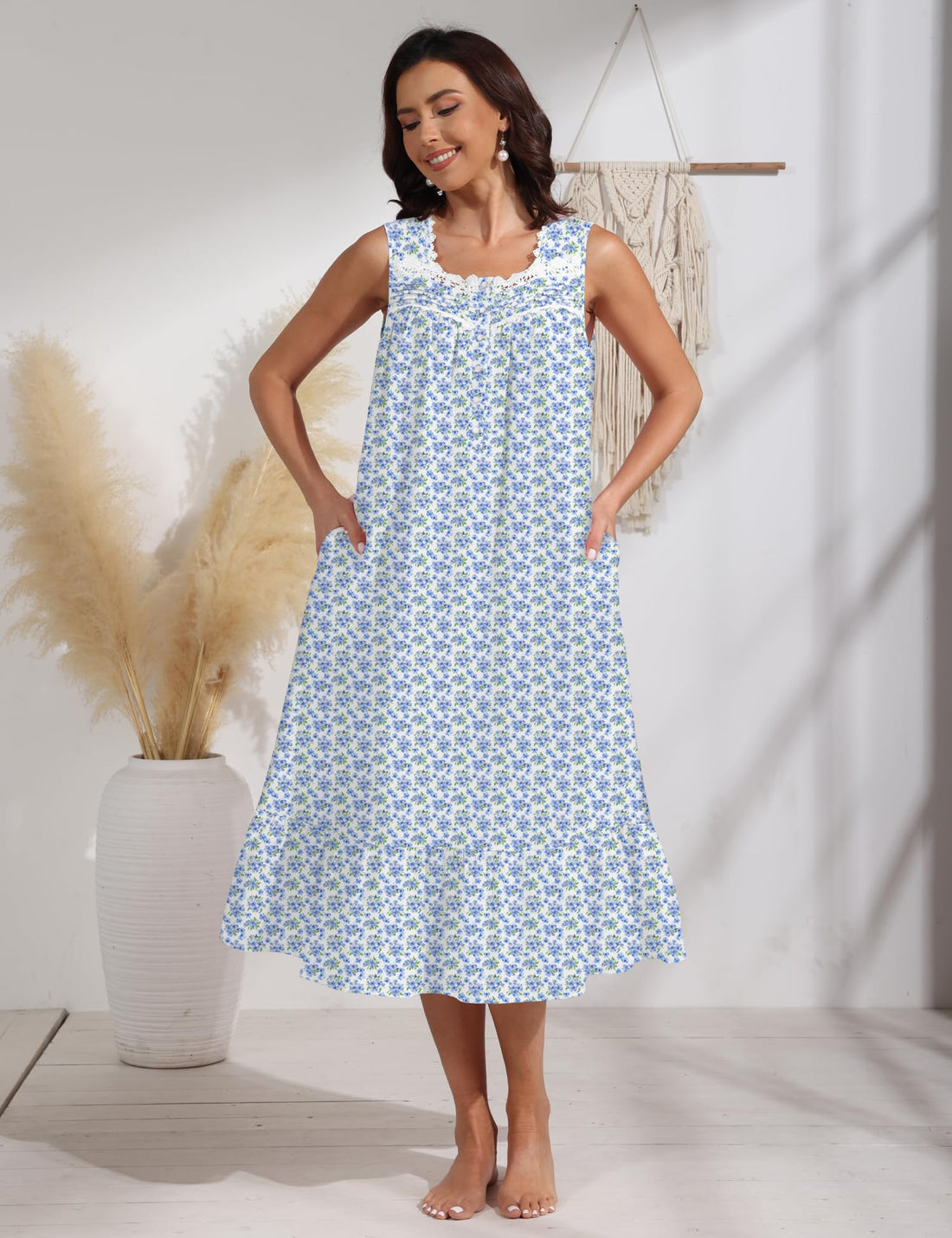 100% Cotton Floral Pearl Snap Nightgown for Women Sleeveless Victorian Sleep Dress Cotton Nightgowns with Pockets WEBE CLOTHING