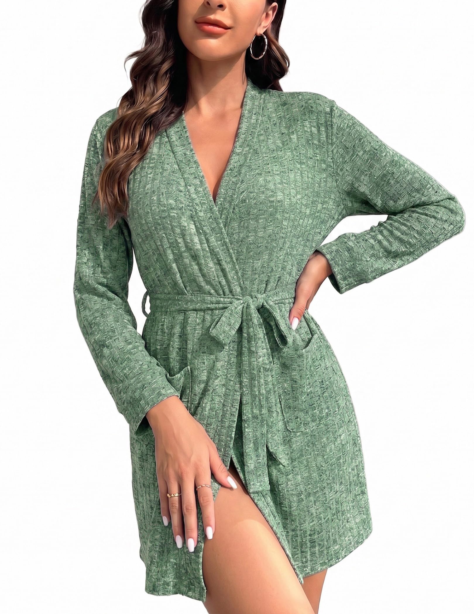 Ekouaer Women Robe Short Lightweight Bathrobe Ribbed Knit Soft Robes Long Sleeve Ladies Sleepwear with Pockets