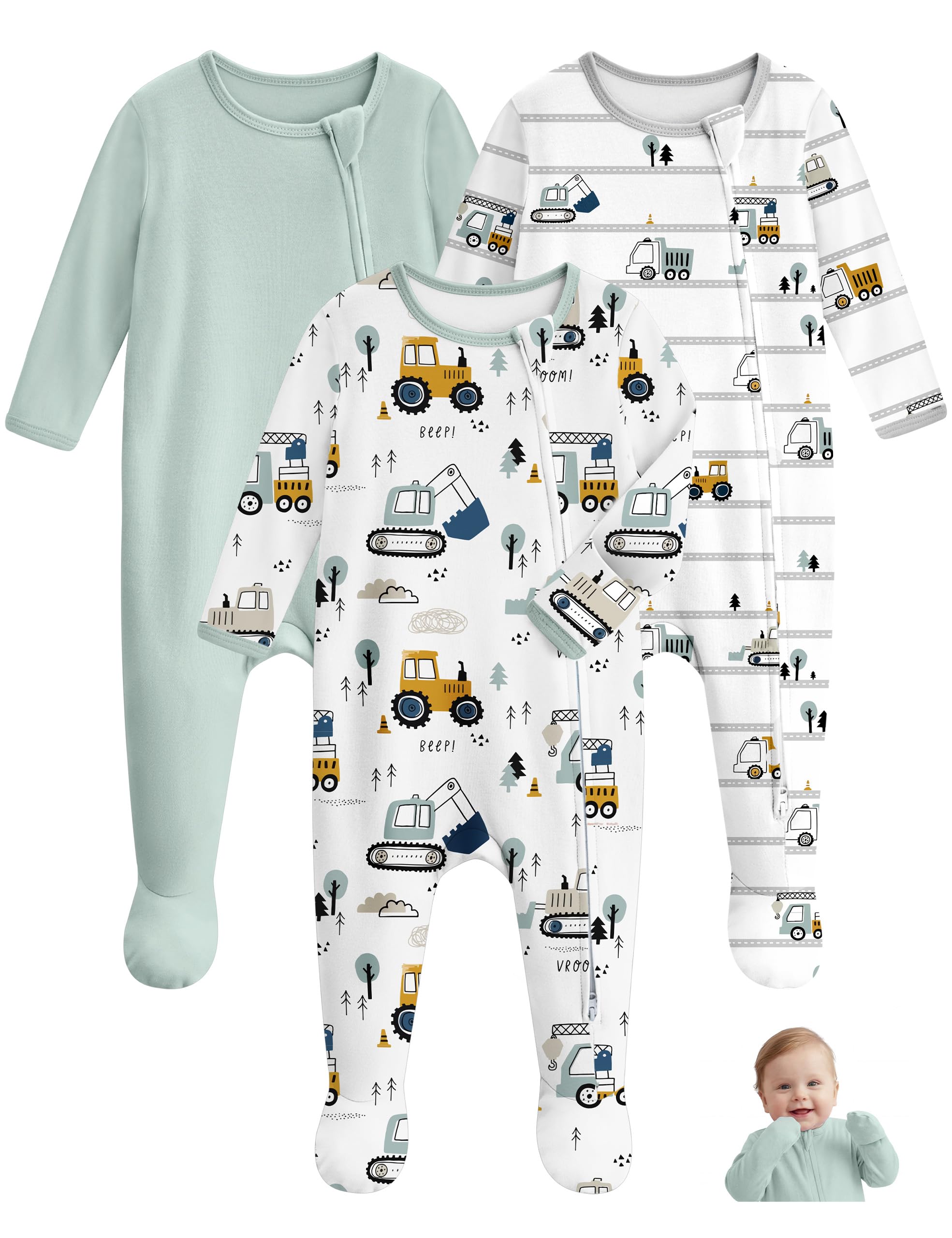 Unnivoll Baby Pajamas 100% Cotton Baby Sleepers for Newborn 0-3 3-6 6-9 Months 3Pcs Footie Pajamas Baby Boys Girls Clothes