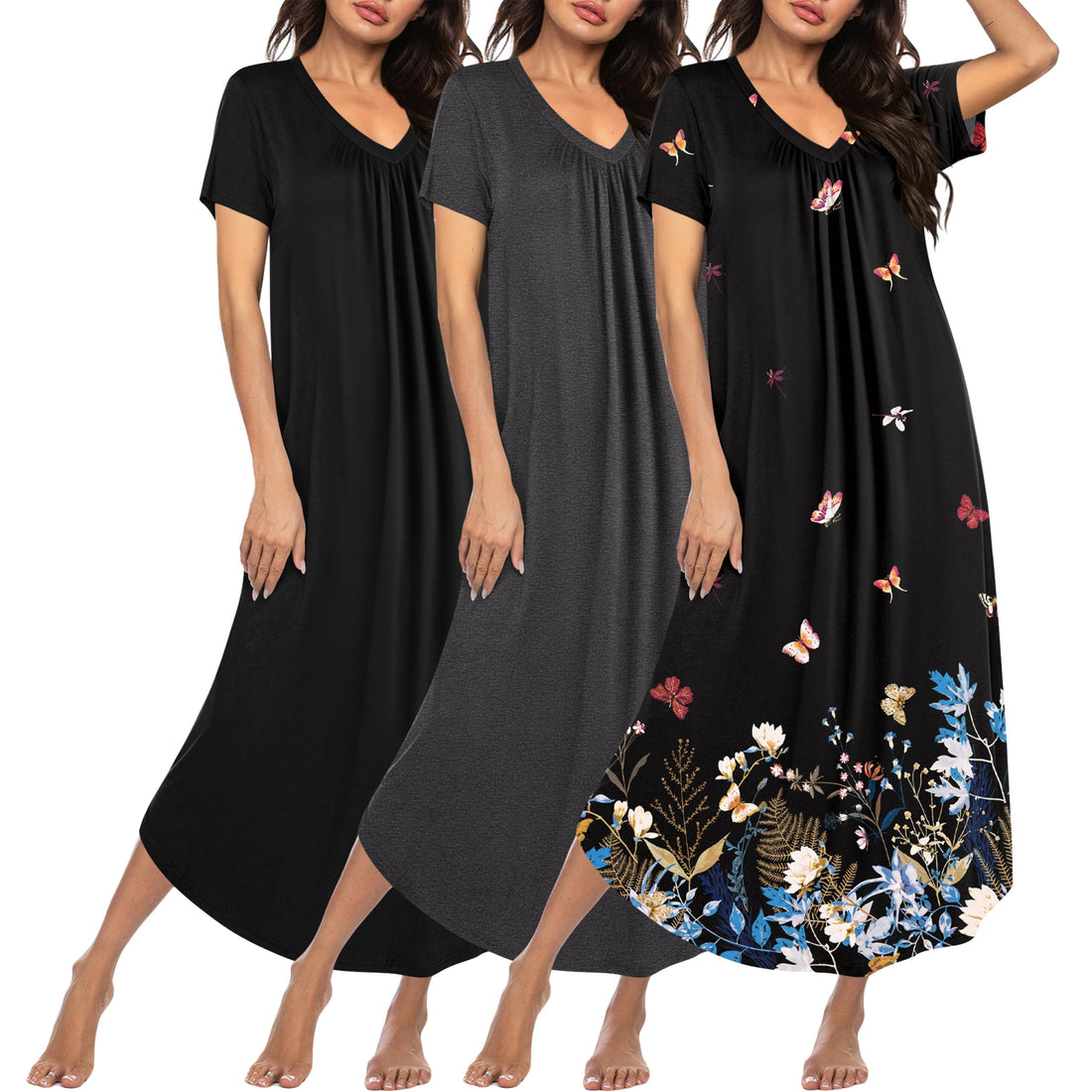 Ekouaer Long Nightgowns for Women 3 Pack House Dress Plus Size Moo Moos | V Neck Night Gowns,Short Sleeve Sleep Dress,Ladies Lounge Dress,Soft Sleep Shirt,Casual Night dress for Sleeping,Daily Wear WEBE CLOTHING