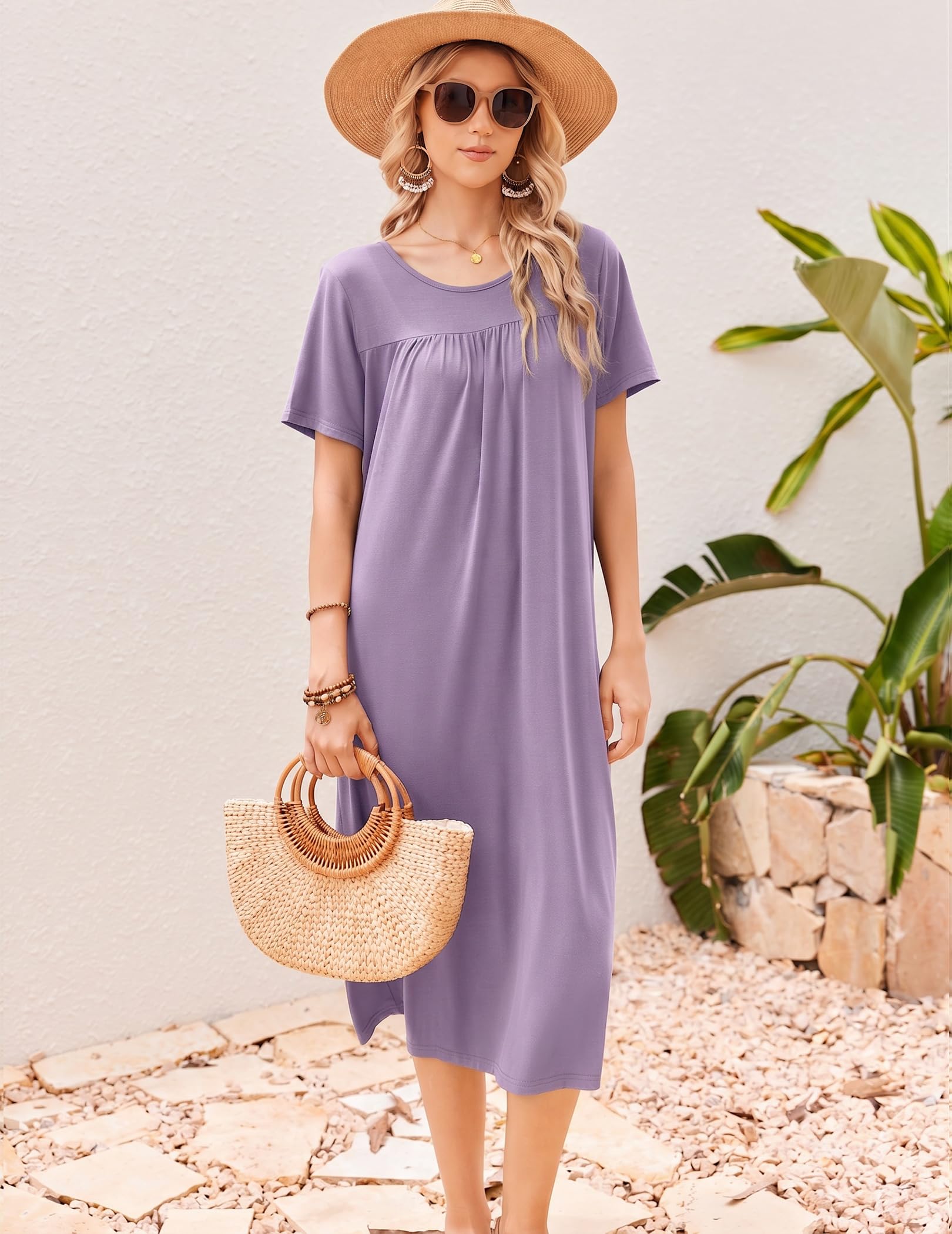 Ekouaer Long Nightgowns for Women Bamboo Viscose Short Sleeve Soft House Dress WEBE CLOTHING