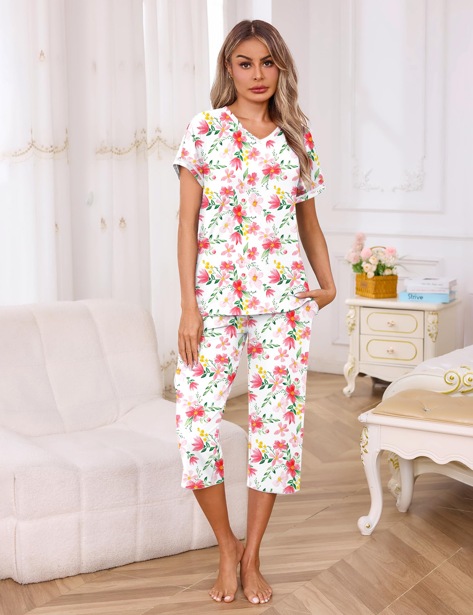 Marvmys Womens 2 Pack Pajama Sets Short Sleeve Sleepwear Capri Pants Pjs | Pockets, Lightweight, Cooling Pyjamas, Nightwear Comfy for Daily Wear, Pajams sets, Sleep, Travel, Wife, Mom WEBE CLOTHING