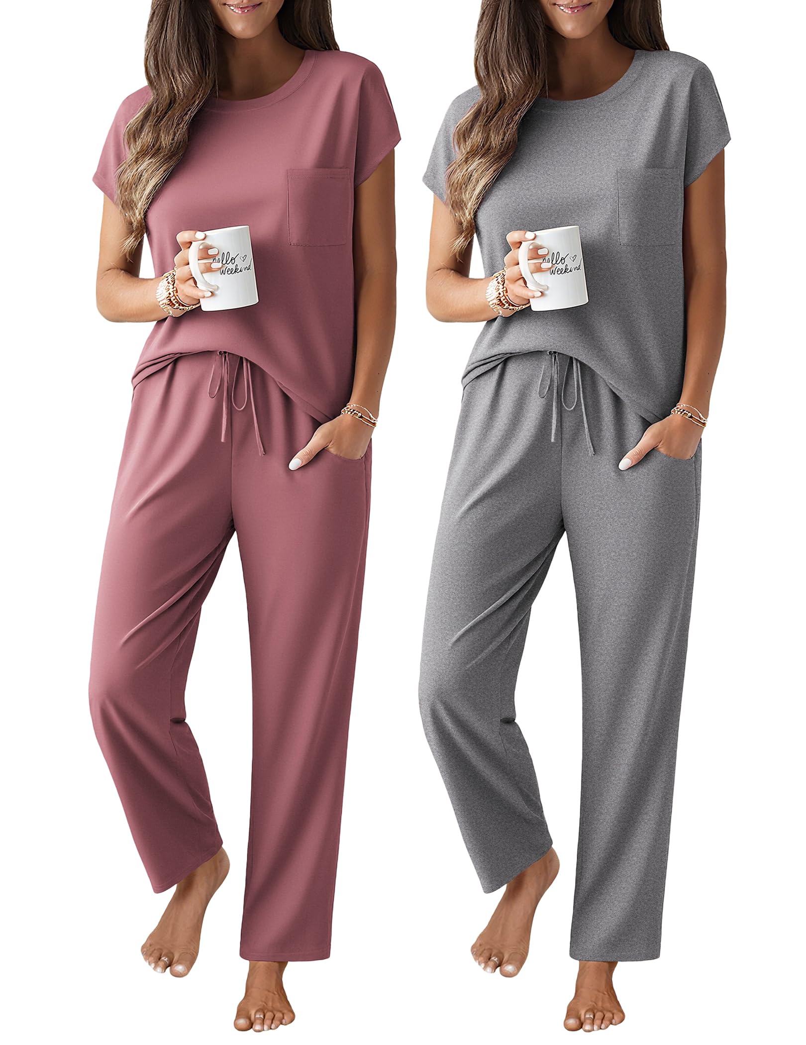 Ekouaer 2 Packs Pajamas for Women Set Cap Sleeve Top and Pants Soft Sleepwear Comfy Pjs Set with Pockets Loungewear