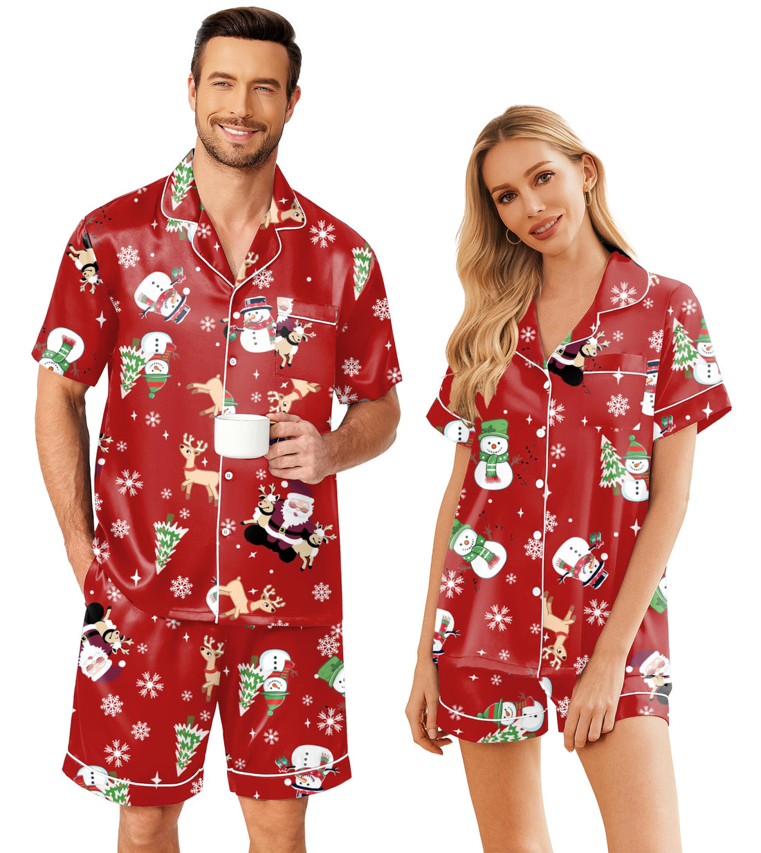 Ekouaer Couple Matching Pajamas Sets Silk Short Sleeve Button Down Sleepwear Satin Pjs Shorts Set Soft Loungewear S-XXL