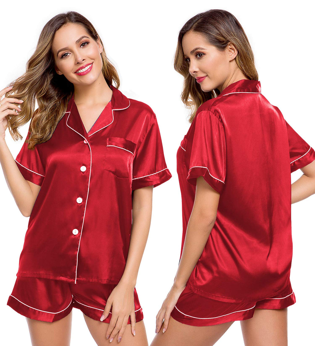 LecGee Womens Silk Satin Pajamas Short Sleeve Loungewear Two-Piece Sleepwear Button-Down Pj Set