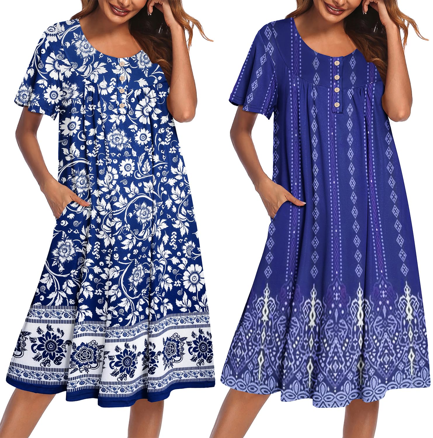 Ekouaer 2 Pack House Dresses for Women with Pockets Short Sleeve Moo Moos | Ruffle Sleeve Mumu Dress, Soft Button Front Nightgown, Two Side Pockets, Comfy Sleepwear, Perfect for Your Mom, Grandma, Gift WEBE CLOTHING