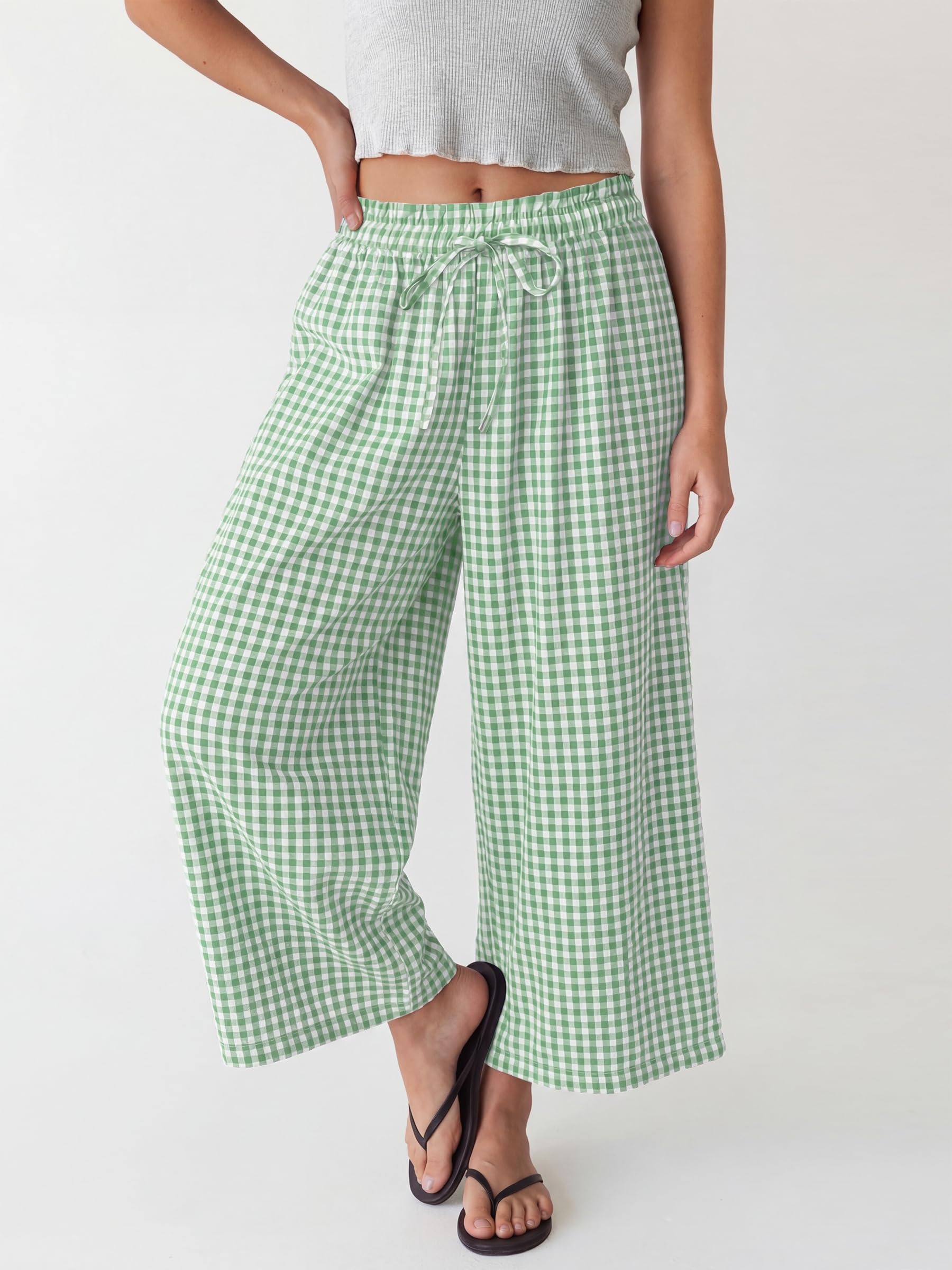 ANRABESS Womens Striped Gingham Palazzo Capri Pants Pajama Wide Leg Lounge Trousers Plaid Cute Crop PJ Bottoms with Pockets
