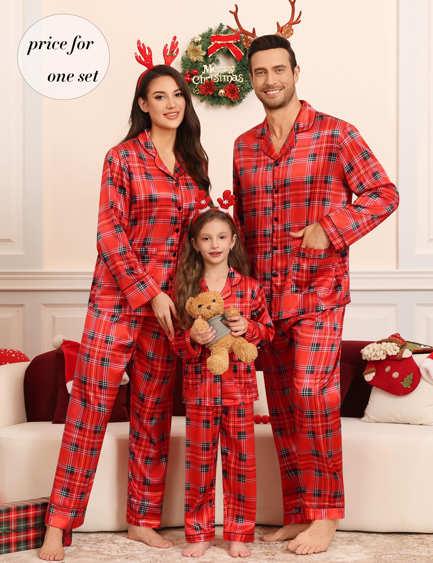 SWOMOG Matching Family Pajamas Set Women & Men & Kids Silk Satin Pjs 2 Pcs Long Sleeve Button Down Sleepwear with 2 Pockets