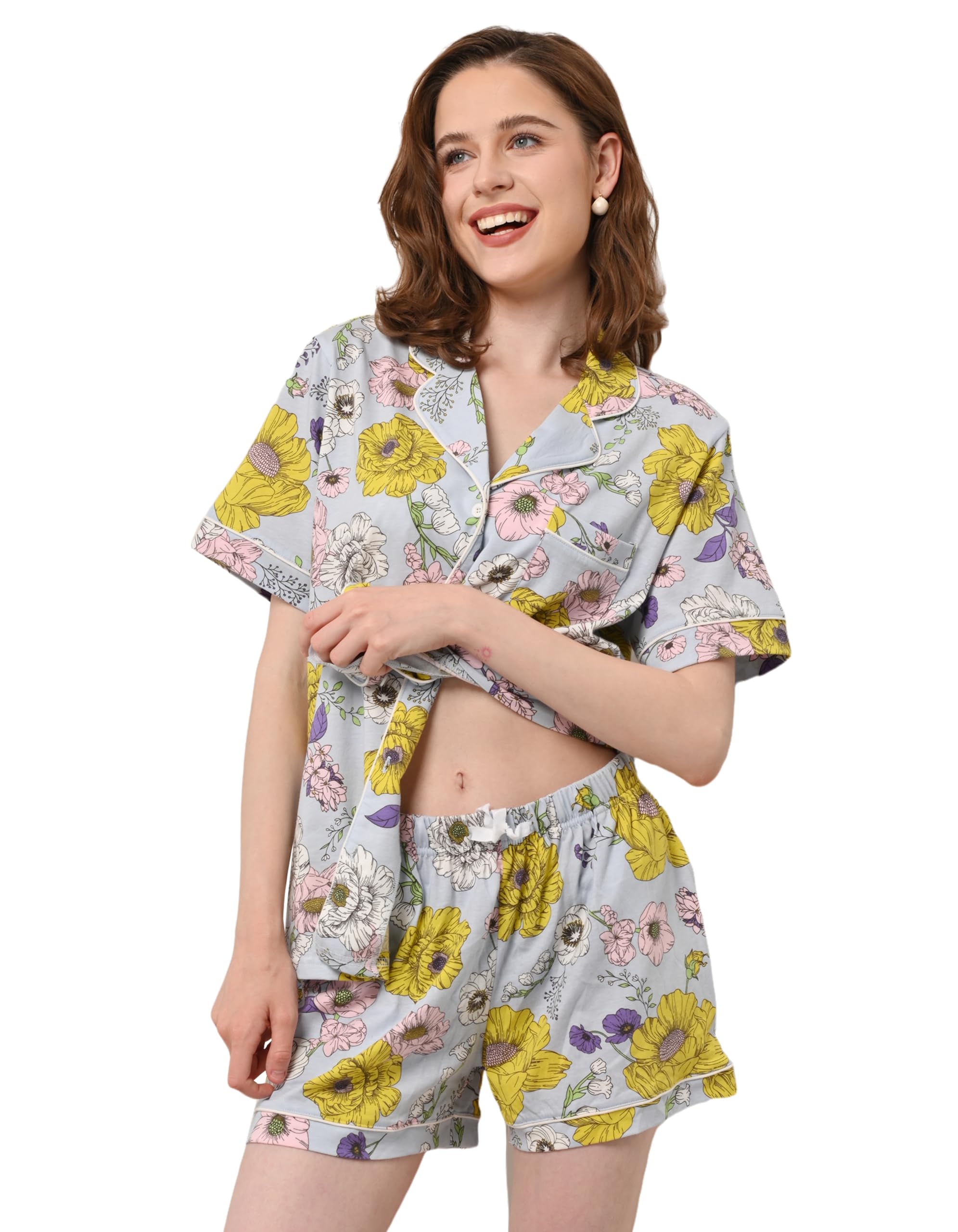 NAP BOUND 100% Cotton Pajamas for Women Sets 2 Pieces Pjs Button short sleeves with Pockets Soft Sleepwear Loungewear XS-XXL
