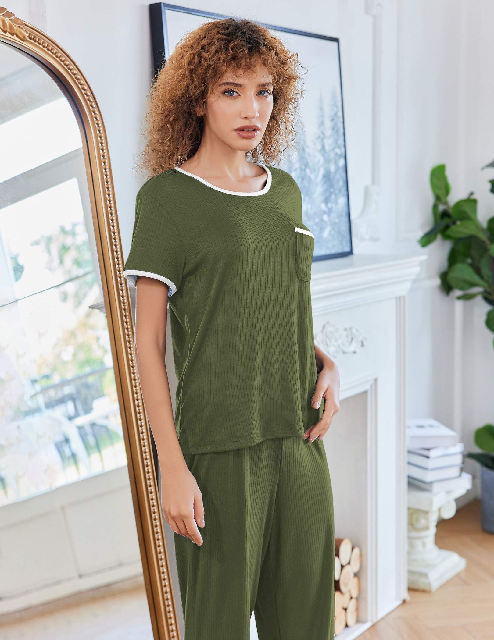 Ekouaer Women Lounge Pajamas Sets Ribbed Knit PJ Short Sleeve and Long Pajama Pant Soft 2 Piece Sleepwear Loungwear Set