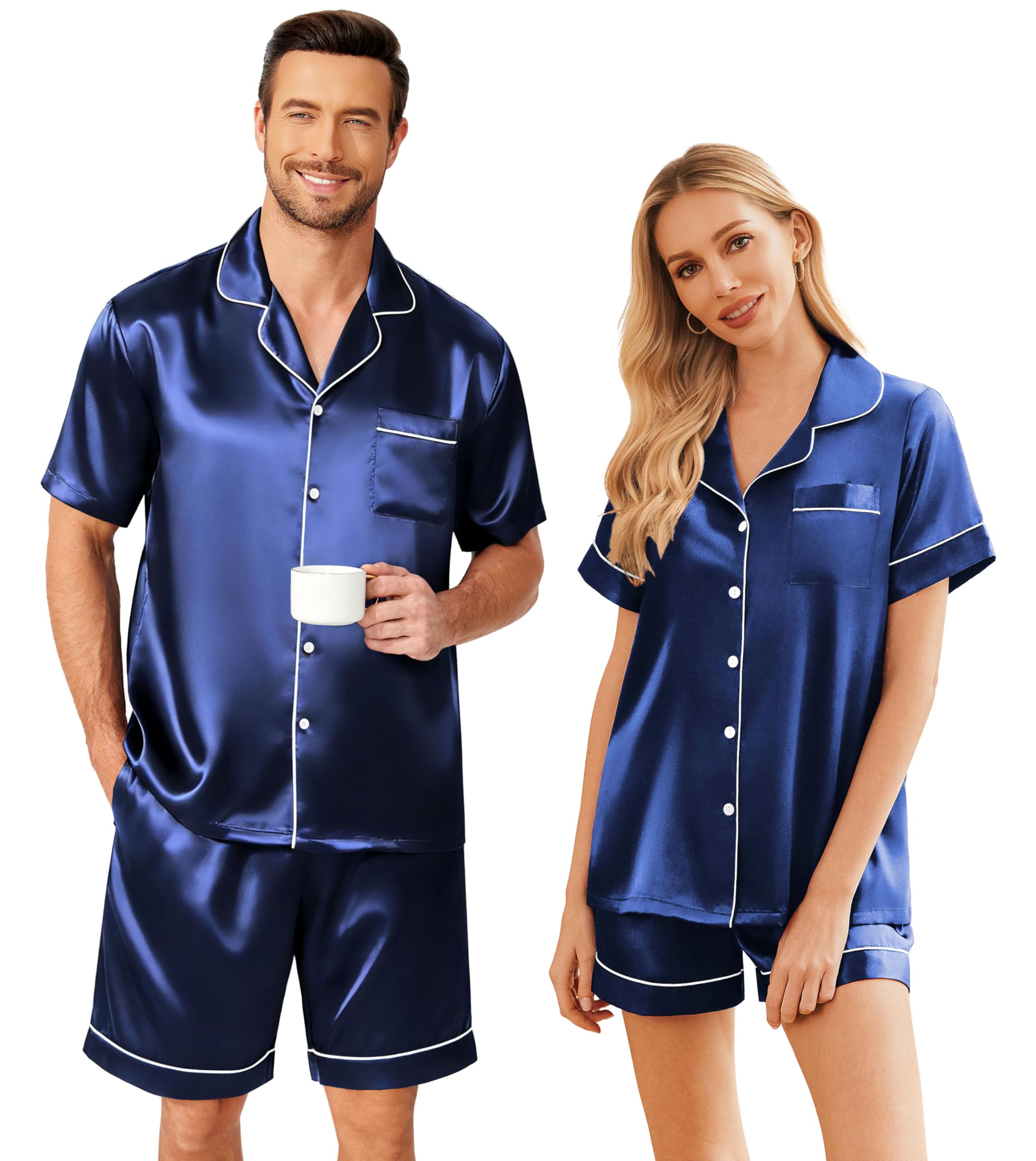 Ekouaer Couple Matching Pajamas Sets Silk Short Sleeve Button Down Sleepwear Satin Pjs Shorts Set Soft Loungewear S-XXL