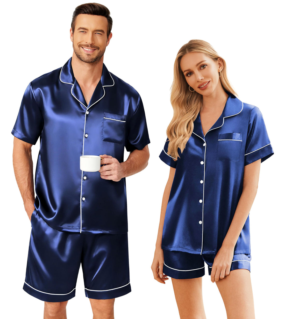 Ekouaer Couple Matching Pajamas Sets Silk Short Sleeve Button Down Sleepwear Satin Pjs Shorts Set Soft Loungewear S-XXL