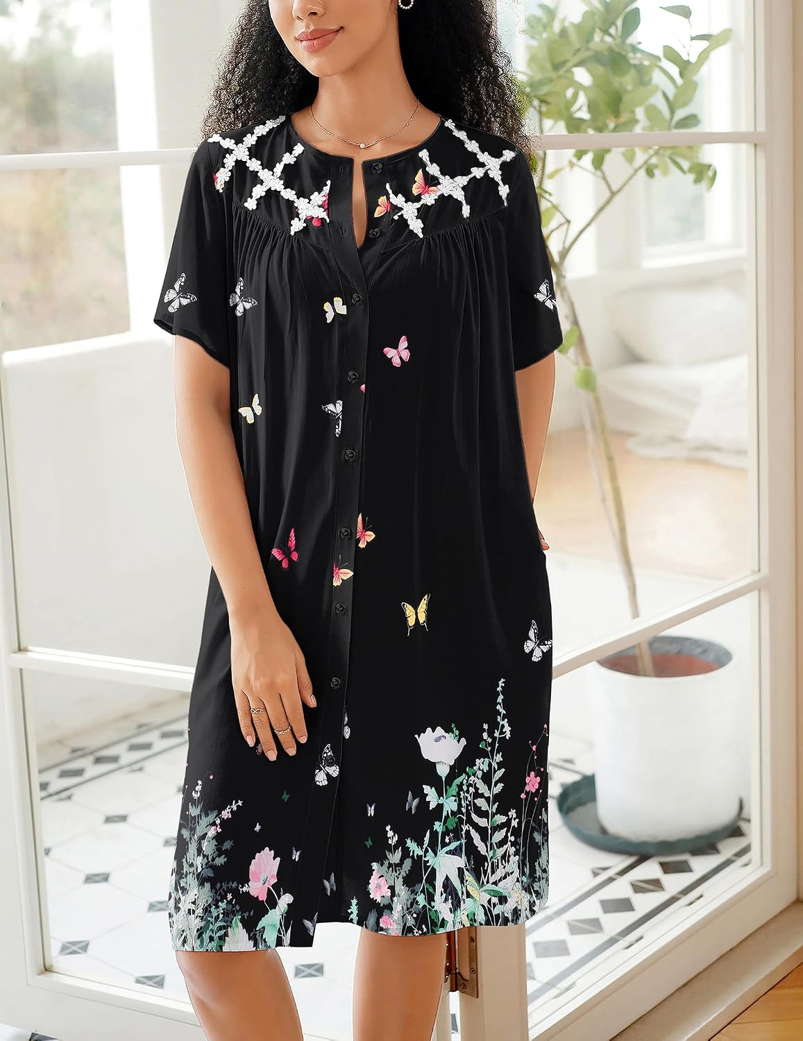 Ekouaer House Dress for Women Button Down Nightgown Short Sleeve Housecoat with pockets S-4XL