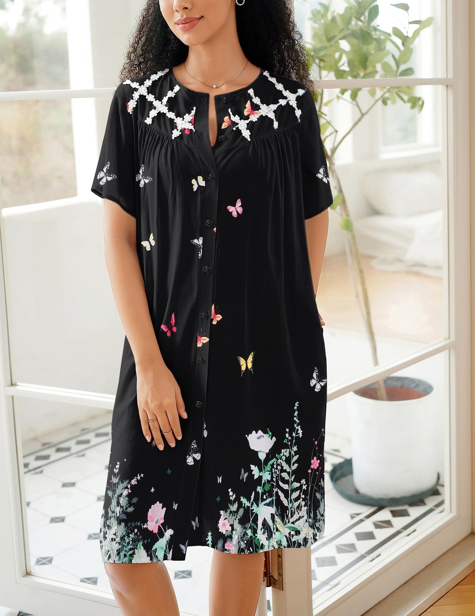 Ekouaer House Dress for Women Button Down Nightgown Short Sleeve Housecoat with pockets S-4XL WEBE CLOTHING