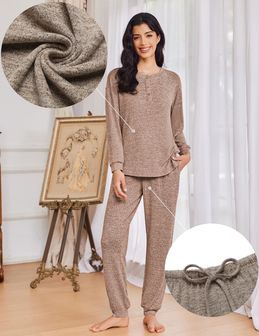 Ekouaer Womens Pajama Sets Long Sleeve Lounge Set 2 Piece Pj Sets for Women Henley Neck Casual Sleepwear Loungewear S-XXL