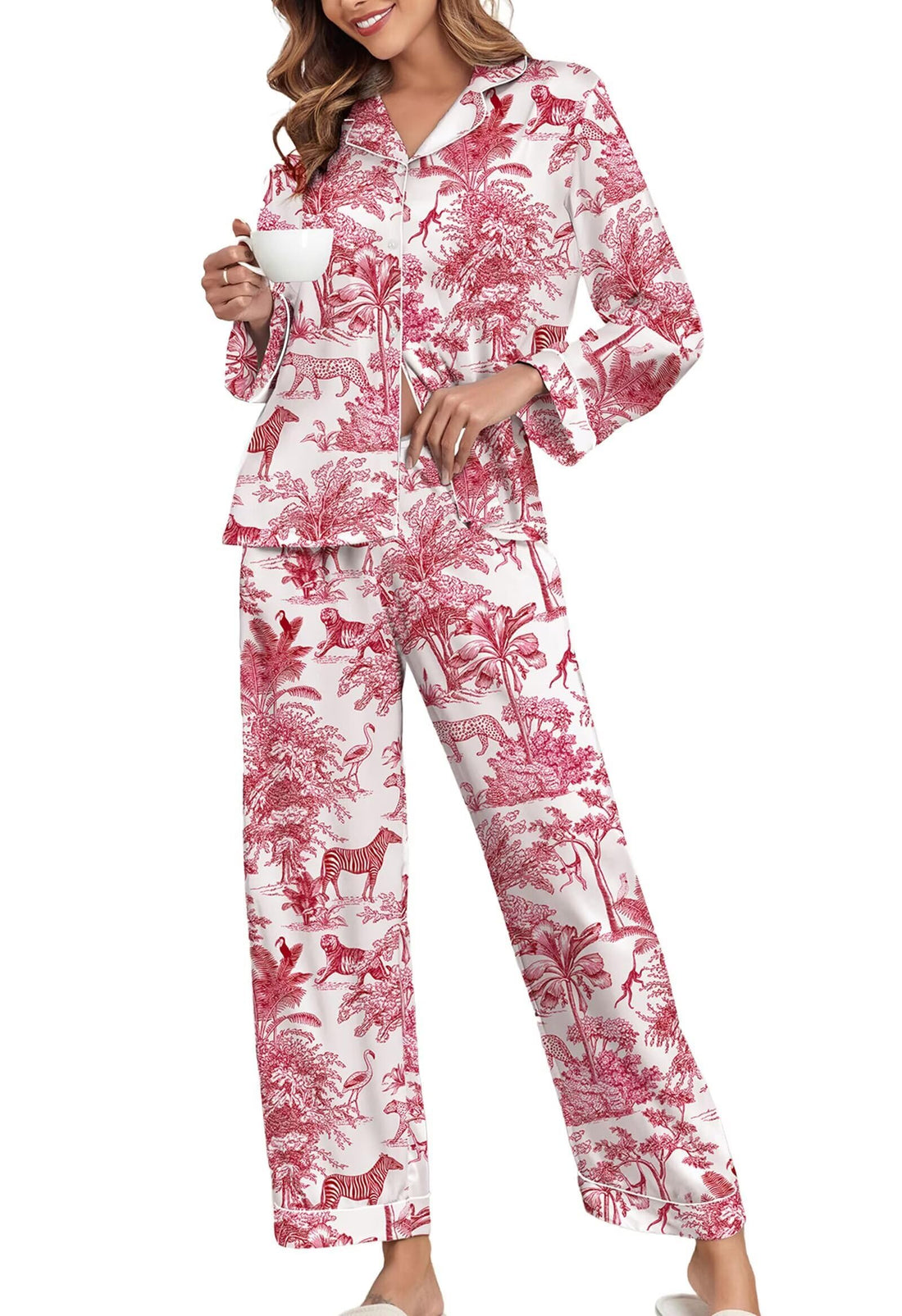 Brosloth Women's Silk Satin Pajamas Long Sleeve Button Up Loungewear Set | Button Down Animal Print Pajamas, Ladies Fancy Pajama sets, Two Piece Lounge Set, Notch Collar Lightweight Sleepwear, Gift WEBE CLOTHING