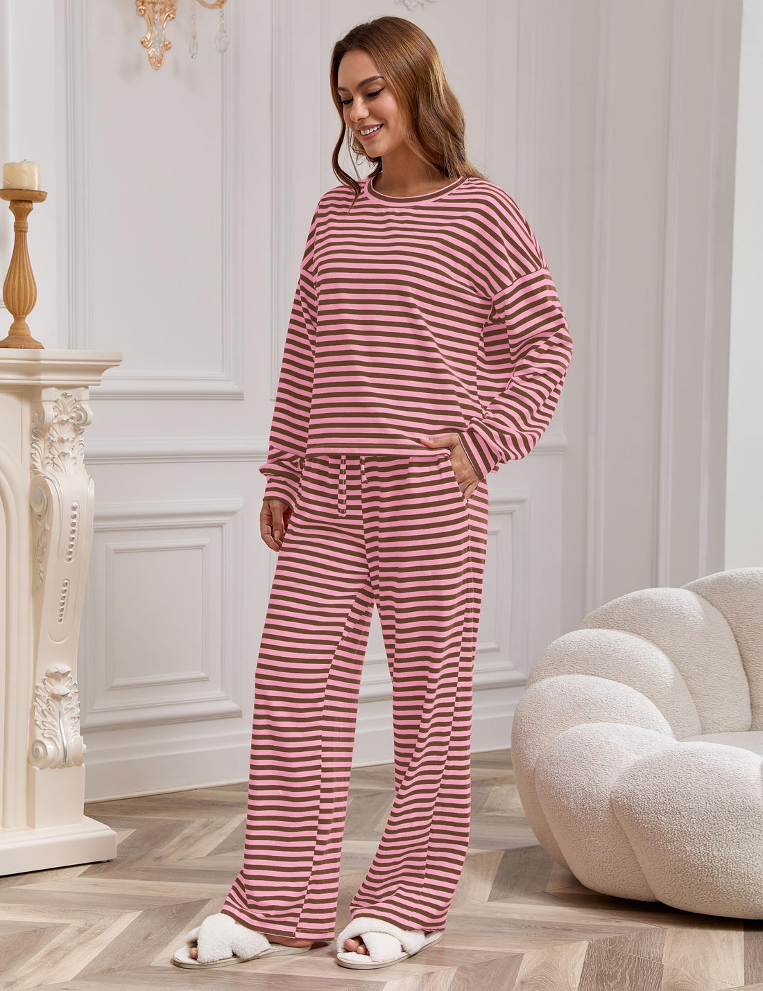 MISSACTIVER Women's Striped 2 Piece Lounge Set Casual Long Sleeve T-Shirt Drawstring Wide Leg Pants Matching Pajamas Set