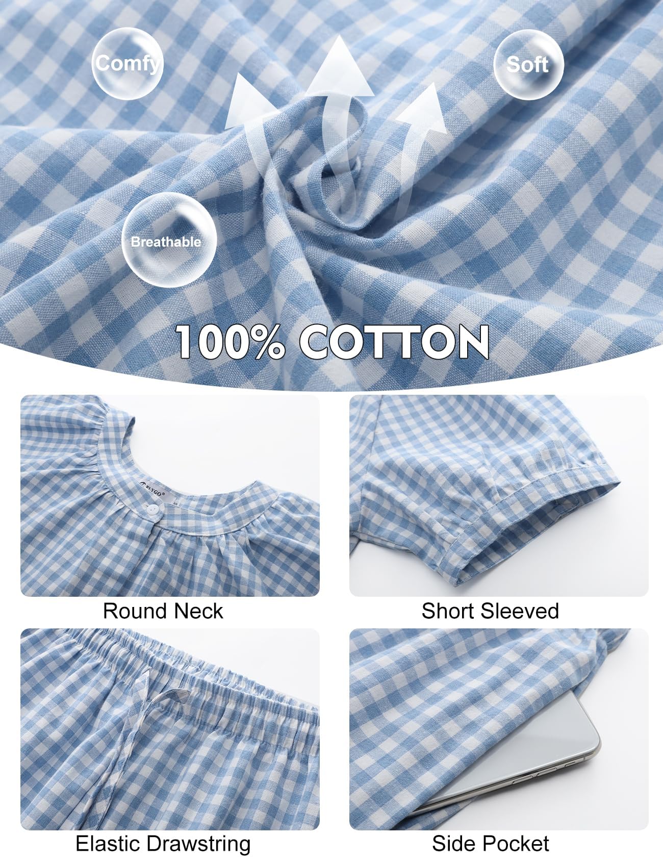 Flygo Womens Plaid 2 Piece Pajamas Sets Gingham Button Down Puff Sleeve Babydoll Shirt Ruffle Pants Y2K Pjs Lounge Set WEBE CLOTHING