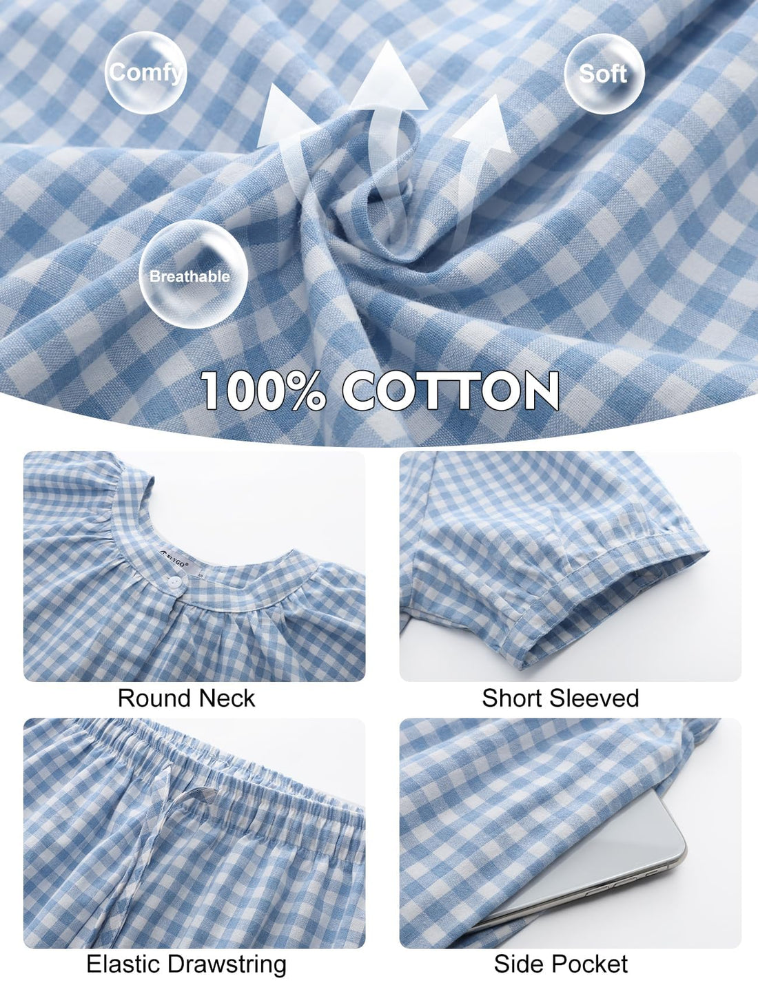 Flygo Womens Plaid 2 Piece Pajamas Sets Gingham Button Down Puff Sleeve Babydoll Shirt Ruffle Pants Y2K Pjs Lounge Set WEBE CLOTHING