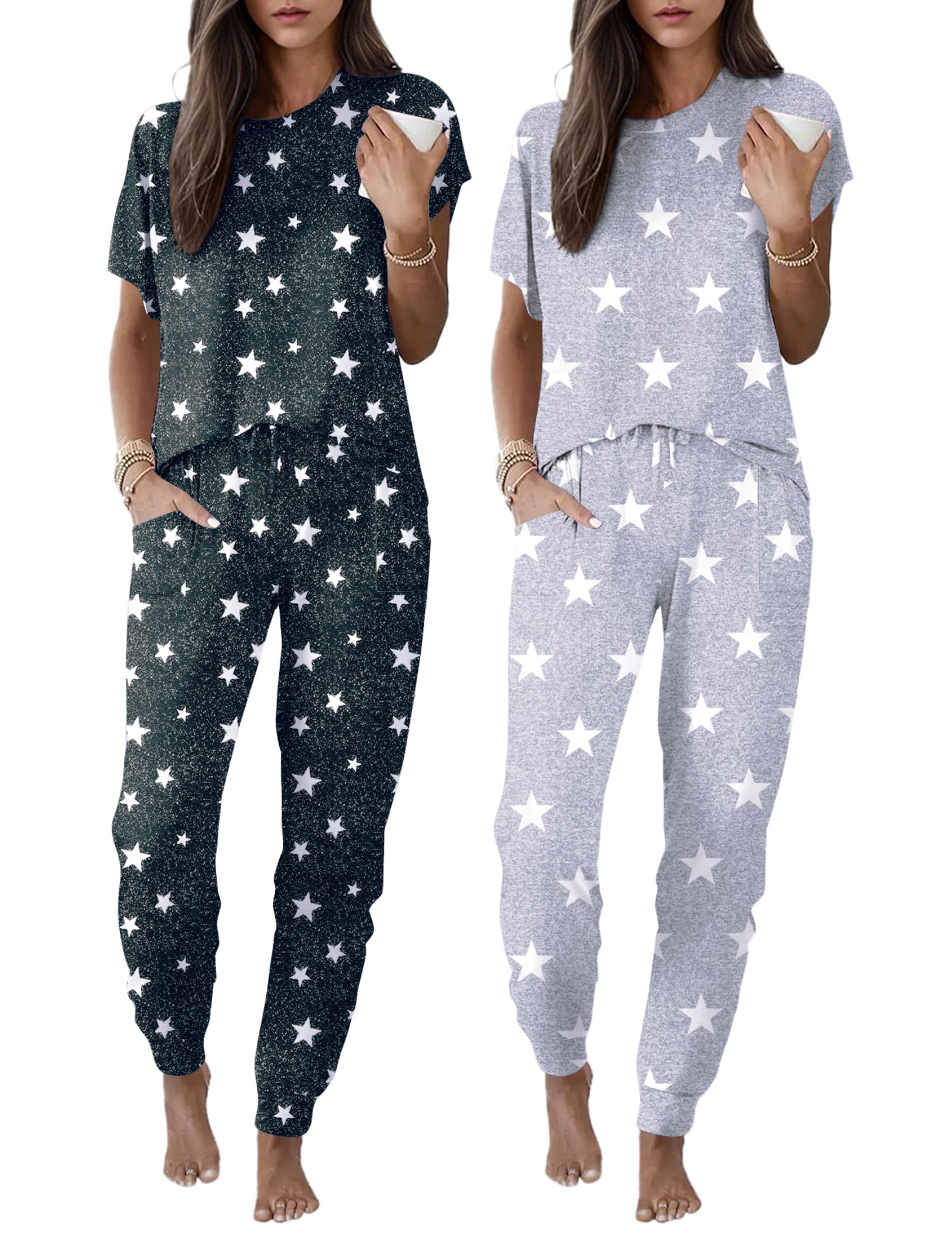 Ekouaer 2 pack Pajama Sets for Womens Jogger Pants Pjs Short Sleeves Lounge Set Soft Sleepwear with Pockets