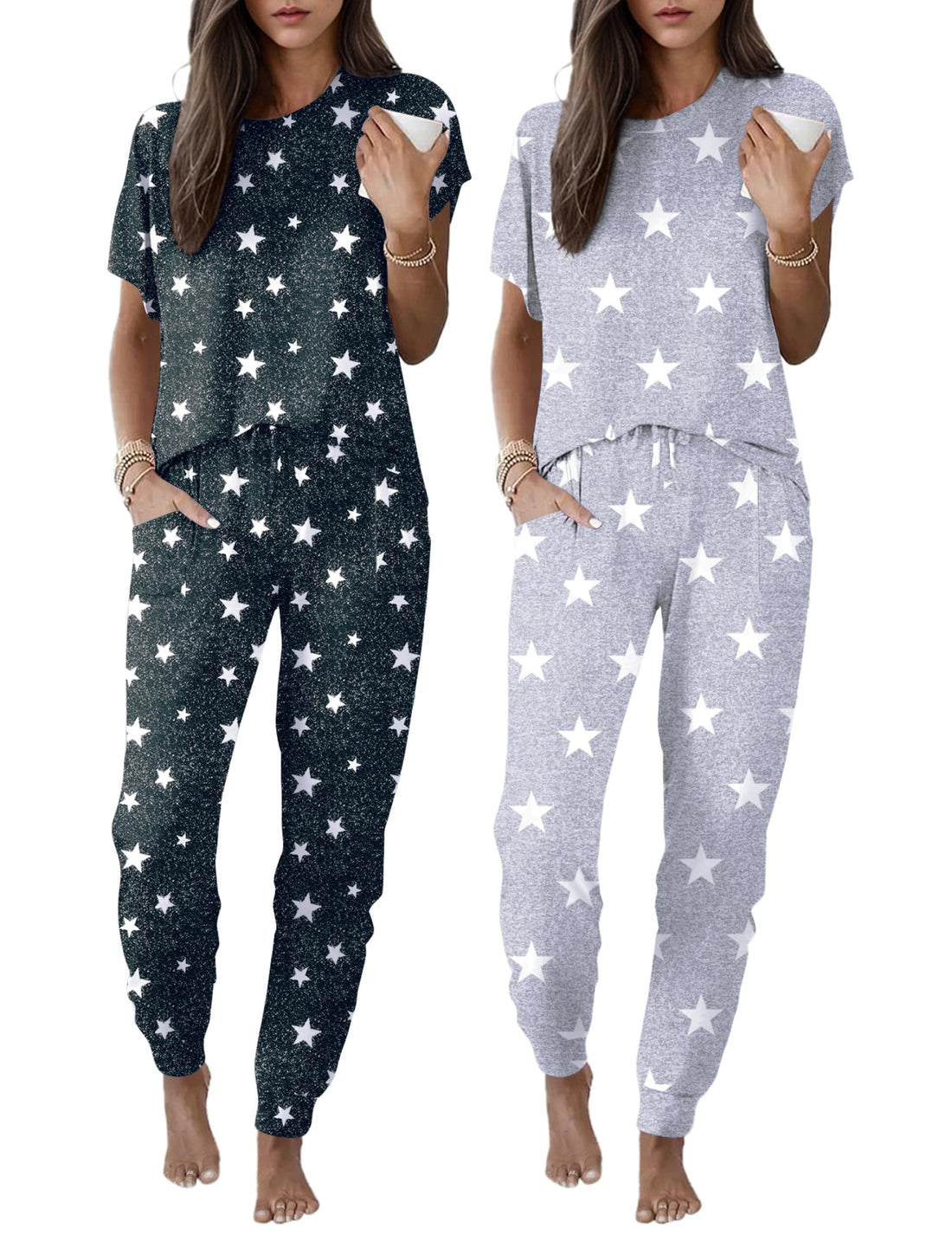 Ekouaer 2 pack Pajama Sets for Womens Jogger Pants Pjs Short Sleeves Lounge Set Soft Sleepwear with Pockets