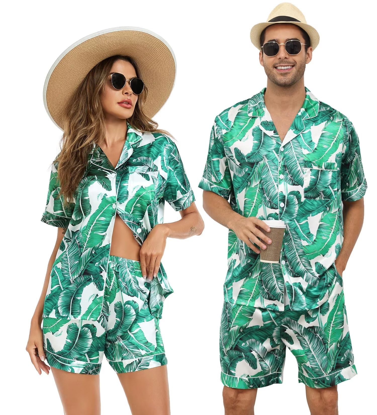 SWOMOG Satin Matching Pajamas Sets Couple Silk Button Down Nightwear Women & Men Short Sleeve Sleepwear 2 Pieces Loungewear