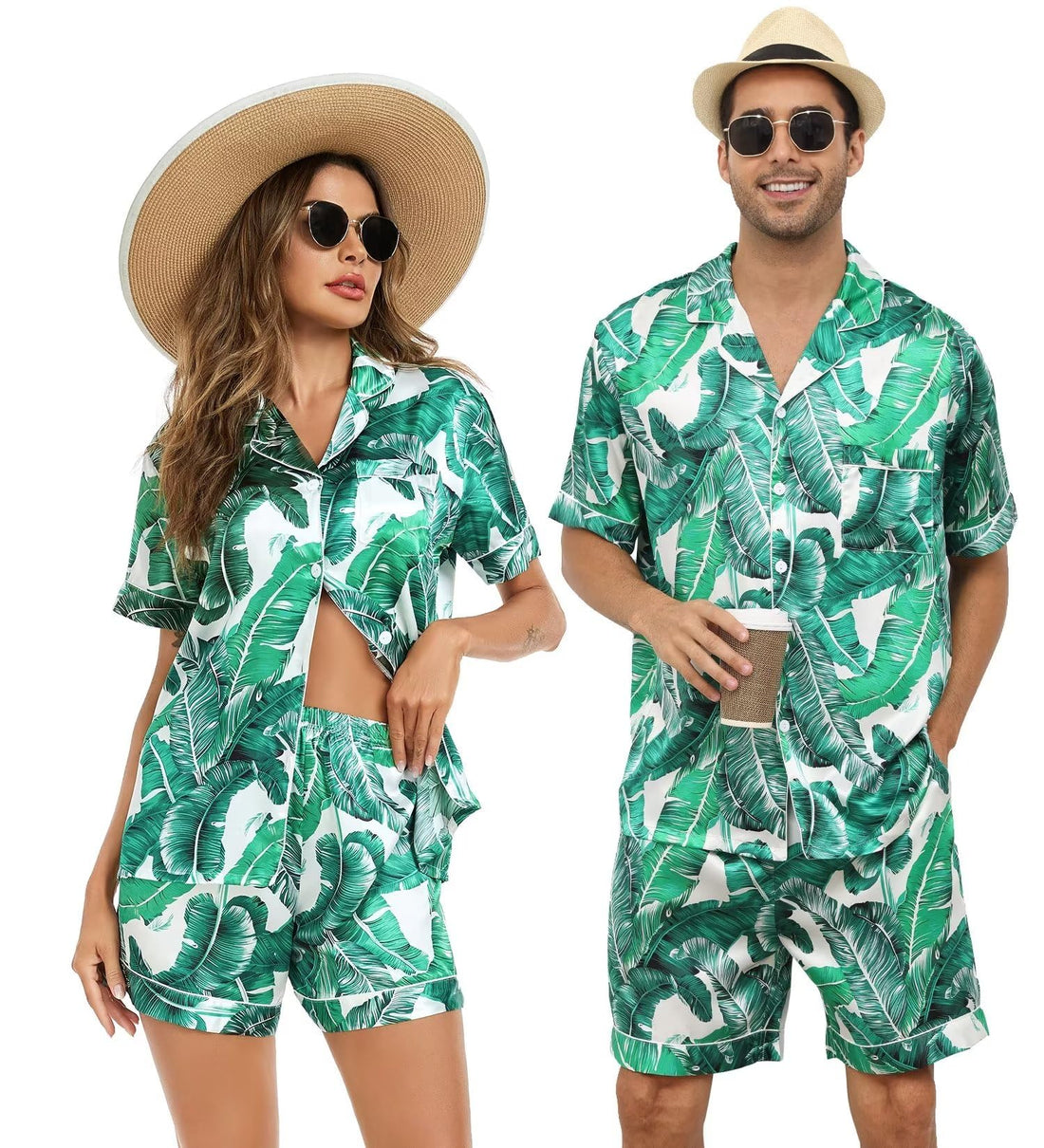 SWOMOG Satin Matching Pajamas Sets Couple Silk Button Down Nightwear Women & Men Short Sleeve Sleepwear 2 Pieces Loungewear