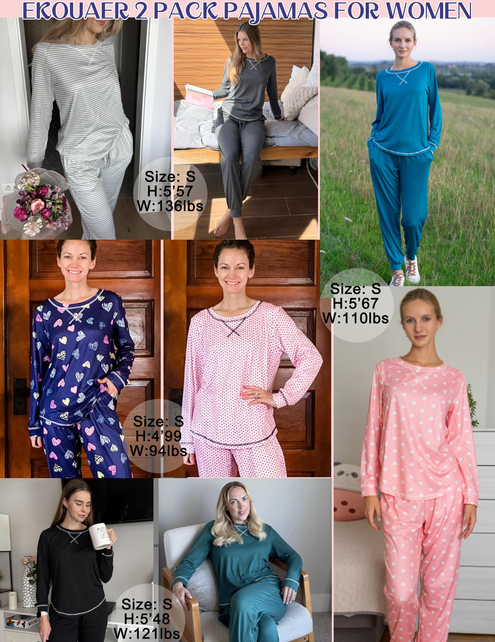 Ekouaer 2 Pack Pajama Sets for Womens Jogger Pants Pjs Long Sleeves Lounge Set Soft Sleepwear with Pockets