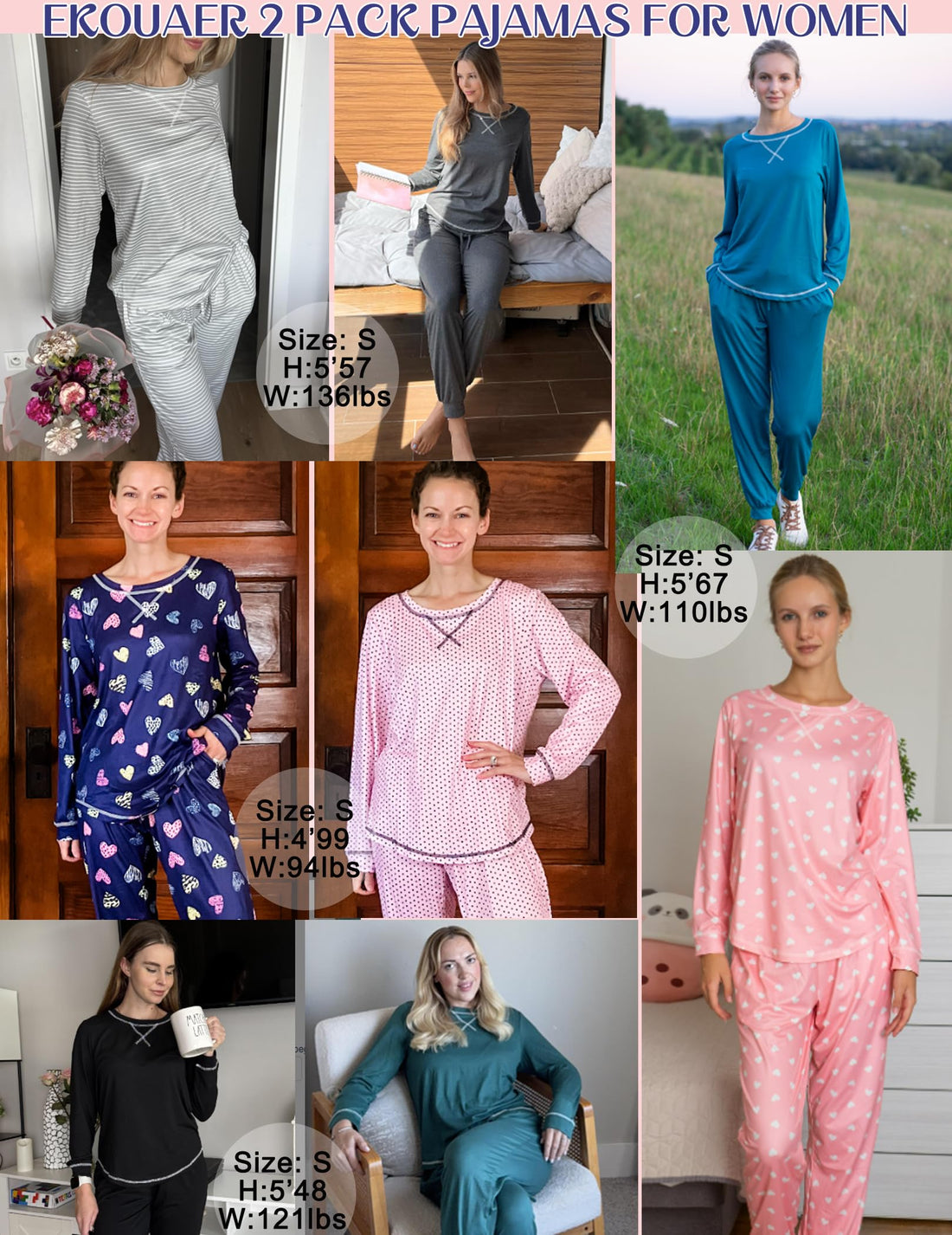 Ekouaer 2 Pack Pajama Sets for Womens Jogger Pants Pjs Long Sleeves Lounge Set Soft Sleepwear with Pockets
