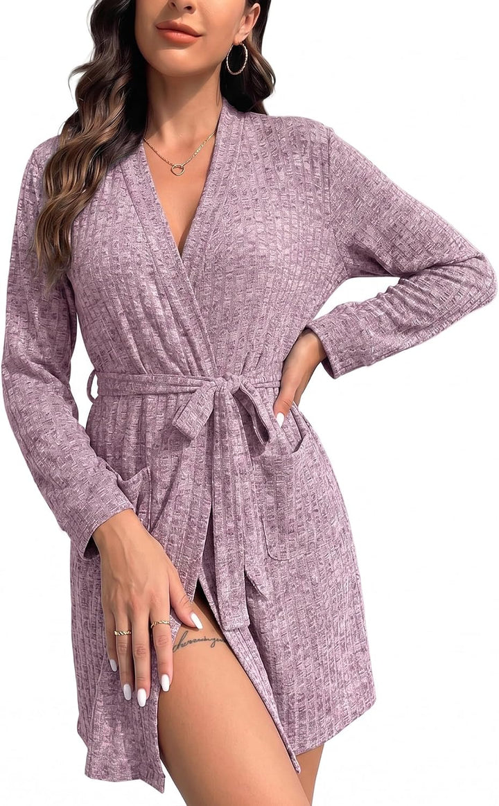 Ekouaer Women Robe Short Lightweight Bathrobe Ribbed Knit Soft Robes Long Sleeve Ladies Sleepwear with Pockets