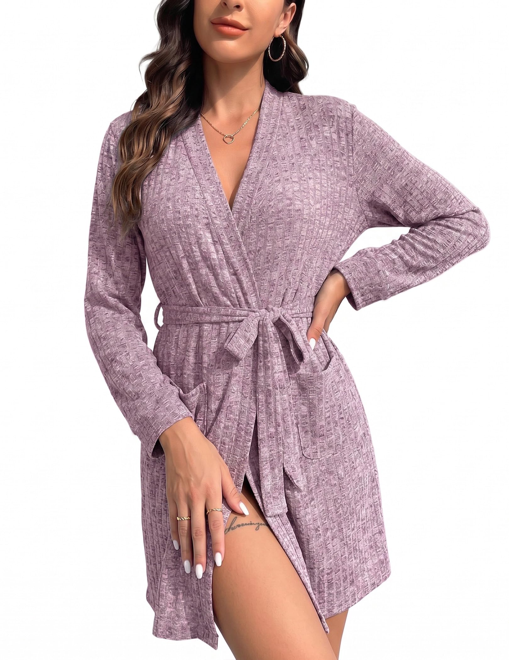 Ekouaer Women Robe Short Lightweight Bathrobe Ribbed Knit Soft Robes Long Sleeve Ladies Sleepwear with Pockets