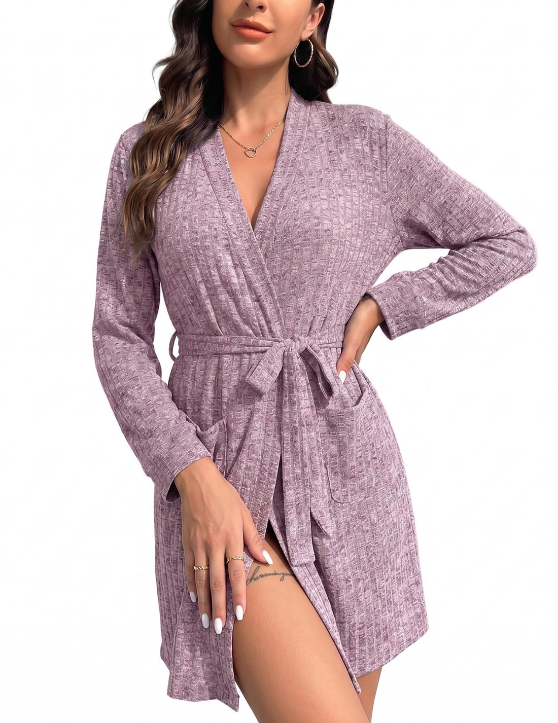 Ekouaer Women Robe Short Lightweight Bathrobe Ribbed Knit Soft Robes Long Sleeve Ladies Sleepwear with Pockets