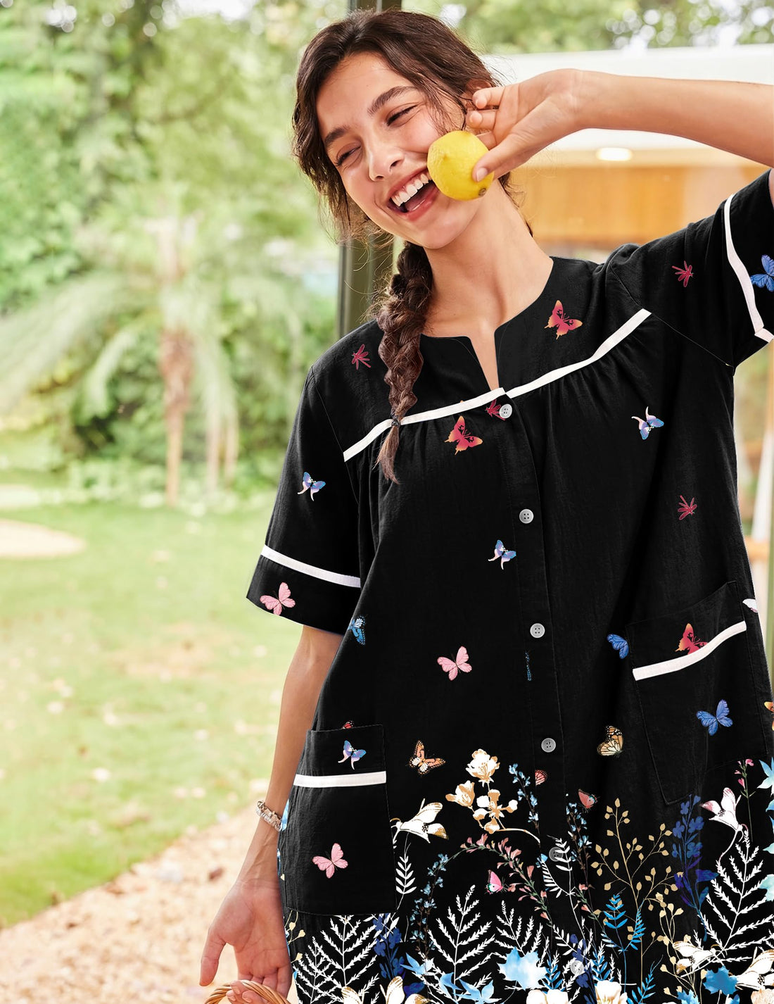 Ekouaer House Dress for Women with Pockets Duster Button Down Nightgown | Nightgowns for Women, Button Dwon House Dress with Pockets, Short Sleeve Duster Housecoat, Moo Moos for Elderly, Mumu Dress WEBE CLOTHING