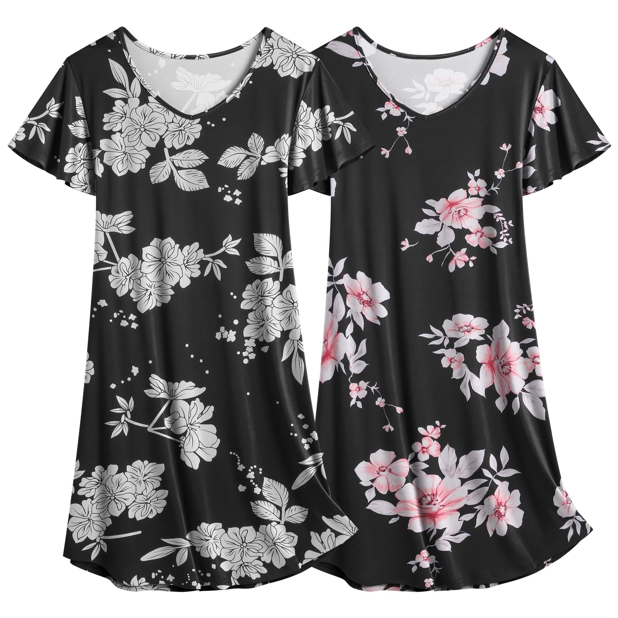 Ekouaer 2 Pack Women's Nightgown Short Sleeve Nightshirts Comfy Soft Pajama Sleep Dress