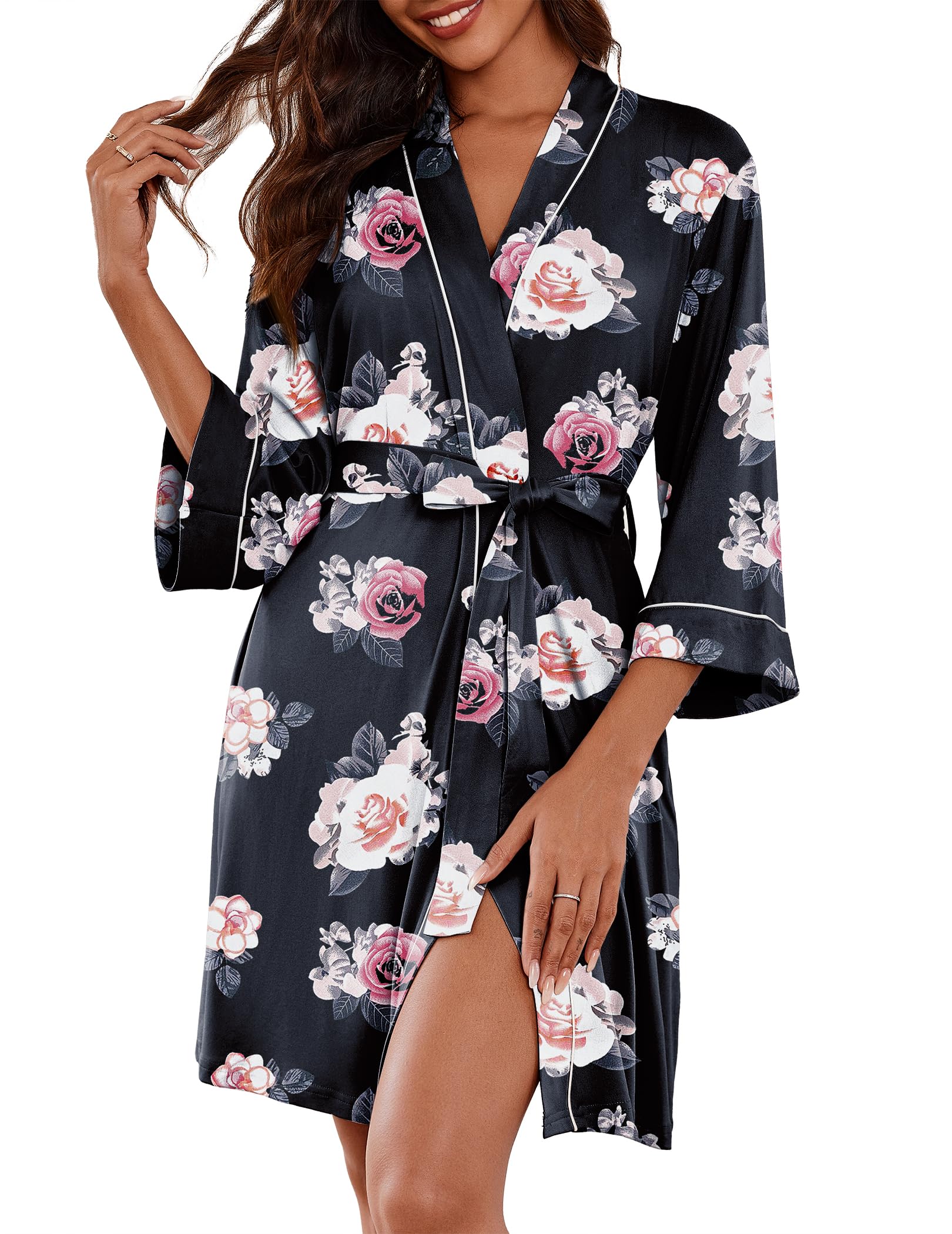 Ekouaer Women Kimono Robes Knee Length Knit Bathrobe Lightweight Soft Sleepwear V-neck Casual Ladies Loungewear WEBE CLOTHING