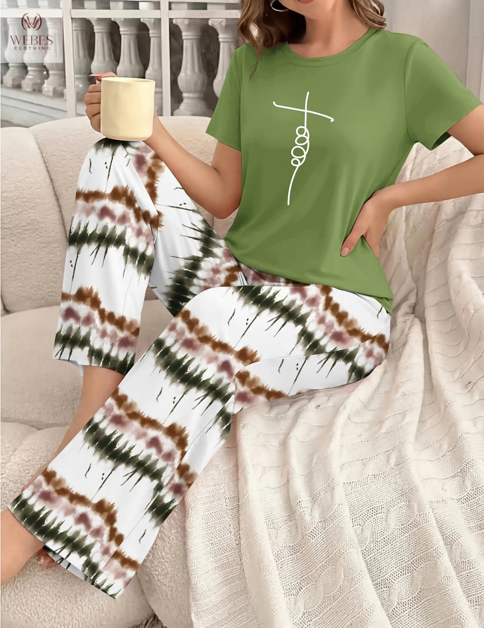 Ekouaer Pajama Set for Women 2 Piece Pjs Short Sleeve Top and Printed Pants | Womens Round Neck Lounge Sets Short Sleeve Sleepwear with Loose Pants for Daily Wear, Home Lounging, Casual Errands WEBE CLOTHING