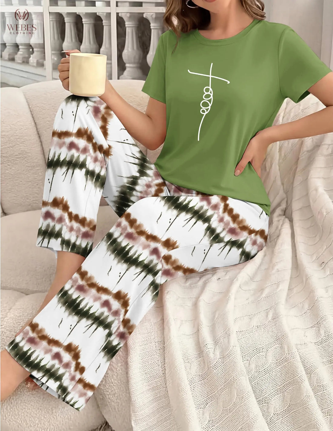 Ekouaer Pajama Set for Women 2 Piece Pjs Short Sleeve Top and Printed Pants | Womens Round Neck Lounge Sets Short Sleeve Sleepwear with Loose Pants for Daily Wear, Home Lounging, Casual Errands WEBE CLOTHING