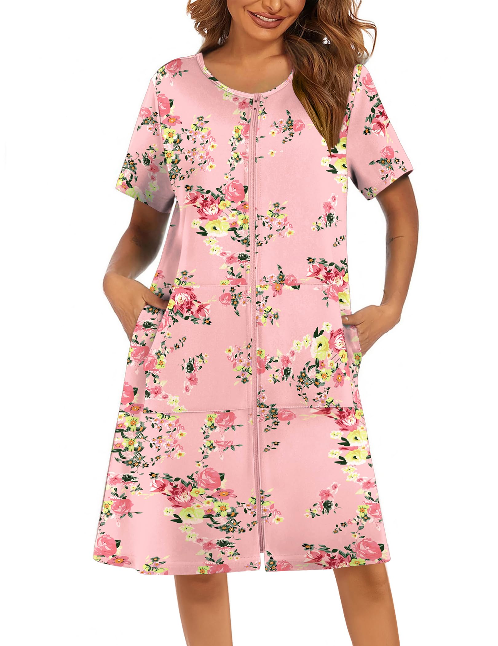 Ekouaer Women Robes Lightweight House Coat Short Sleeve Floral Print Mumu House Dresses with Pockets Zipper Nightgowns