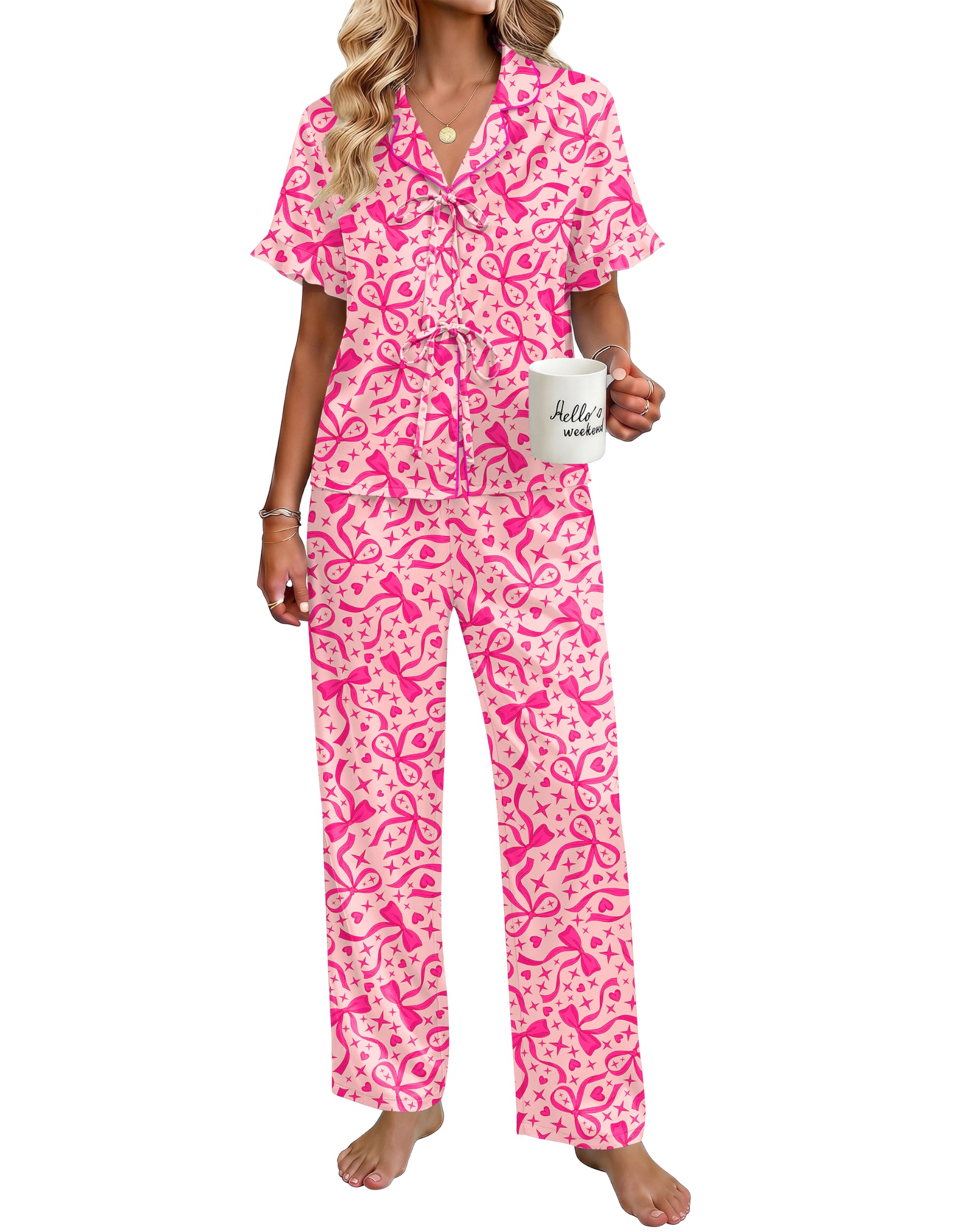 Ekouaer Womens Satin Pajama Sets Silky Tie Front Ruffle Pjs Sets Sleepwear | Soft lightweight satin fabric; tie-front top with ruffle cuffs, ideal for loungewear, bridal party and vacation wear WEBE CLOTHING
