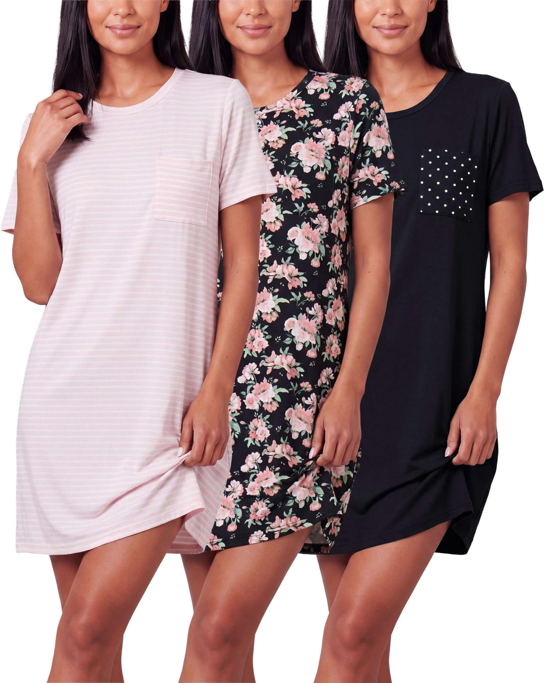 Real Essentials 3 Pack: Women's Short Sleeve Nightgown Dress – Nightshirt Pajama Sleep Shirt Sleepwear (Available In Plus)