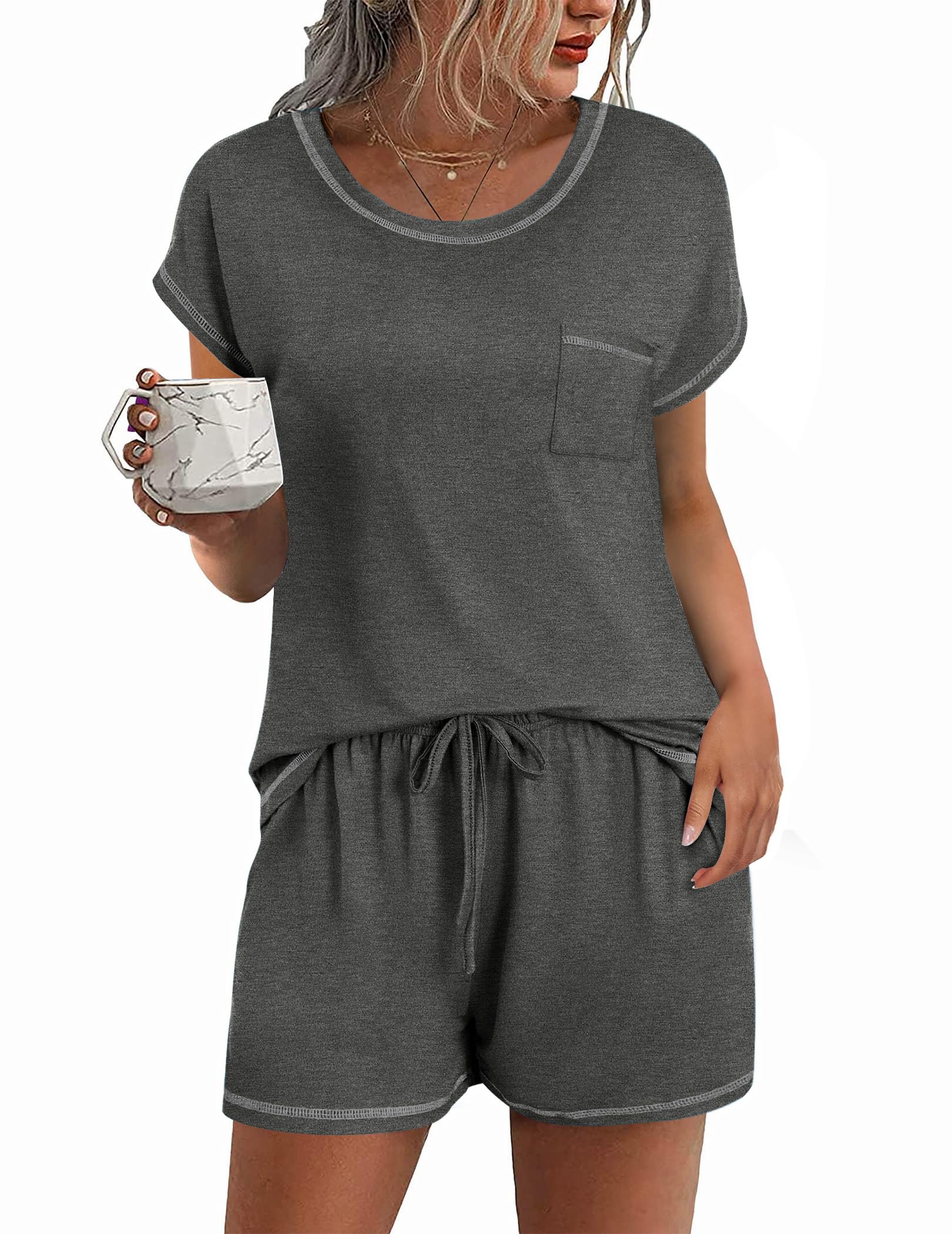 Ekouaer Womens Pajama Sets 2 Piece Soft Short Sleeve Top and Shorts Sleepwear Round Neck Pjs Lounge Set with Pockets