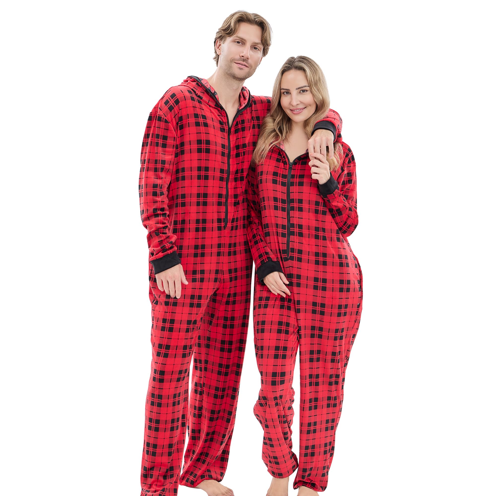 PJGGZ Onesie Couples Matching Pajamas - Funny Plaid Zipper Hooded Pjs Sets for Women & Men Soft Warm Christmas Jumpsuit WEBE CLOTHING