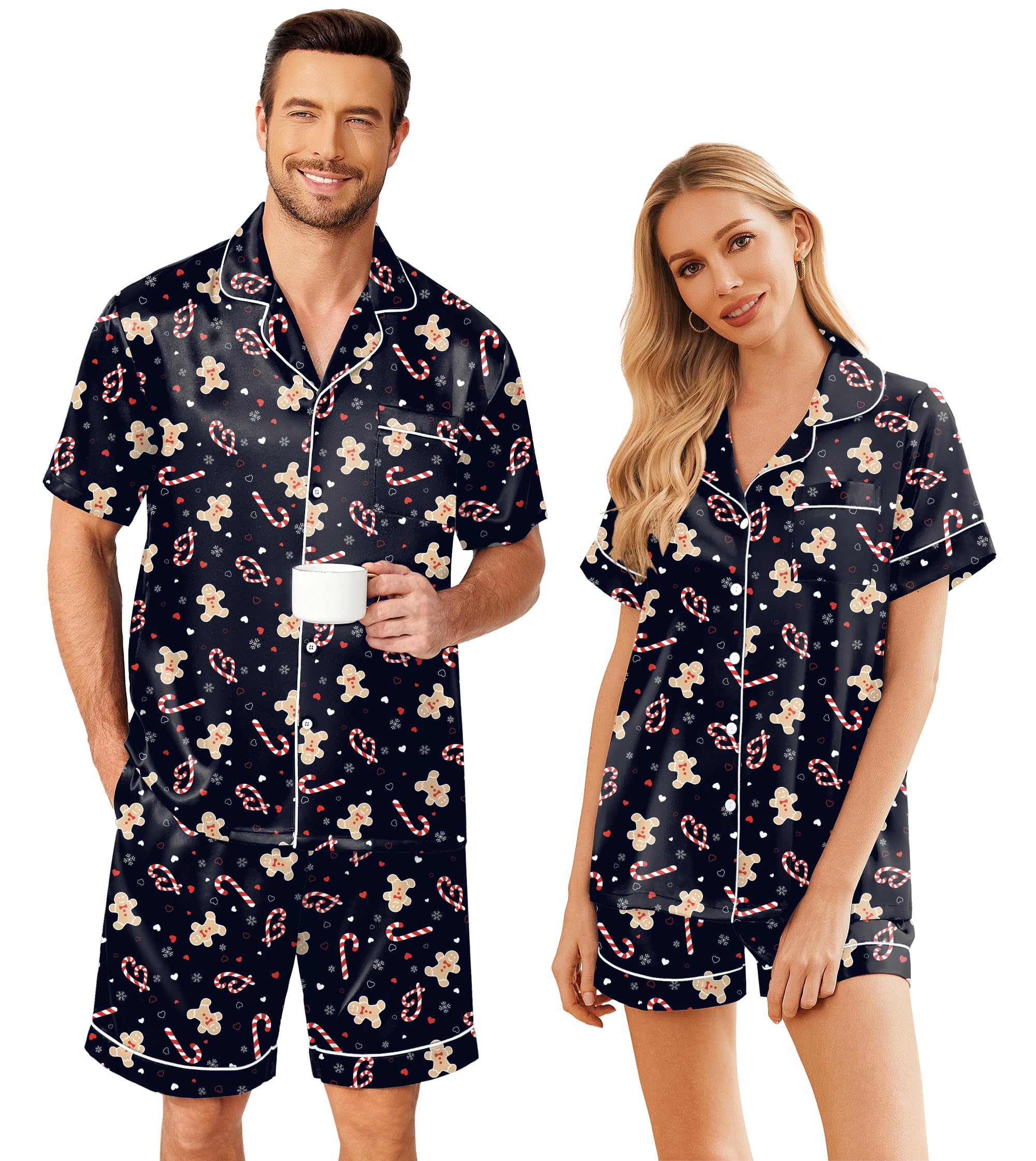 Ekouaer Couple Matching Pajamas Sets Silk Short Sleeve Button Down Sleepwear Satin Pjs Shorts Set Soft Loungewear S-XXL