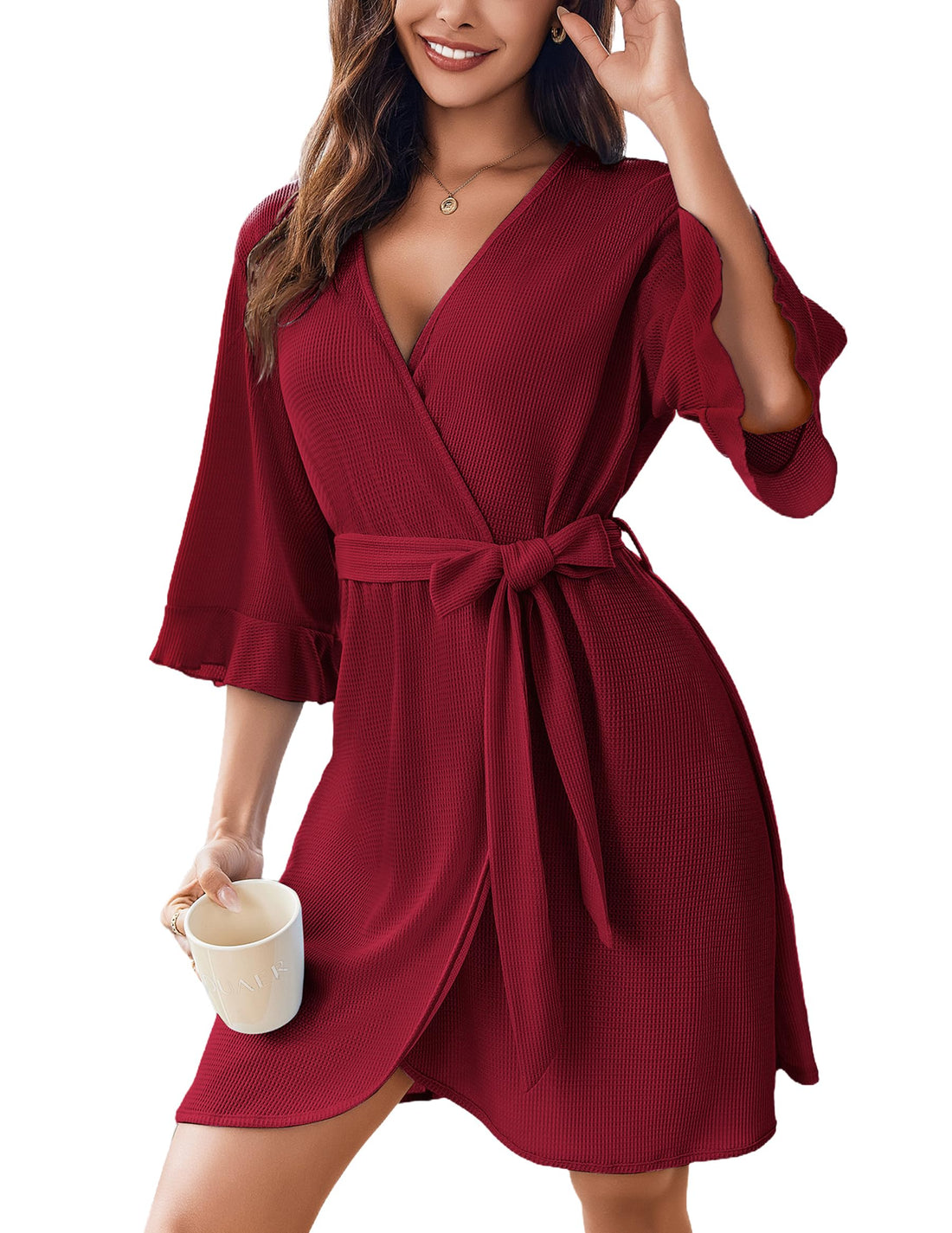 Ekouaer Robes for Women Lightweight Waffle Knit Short Bath Robe Knee Length Ruffle Ladies Loungewear WEBE CLOTHING