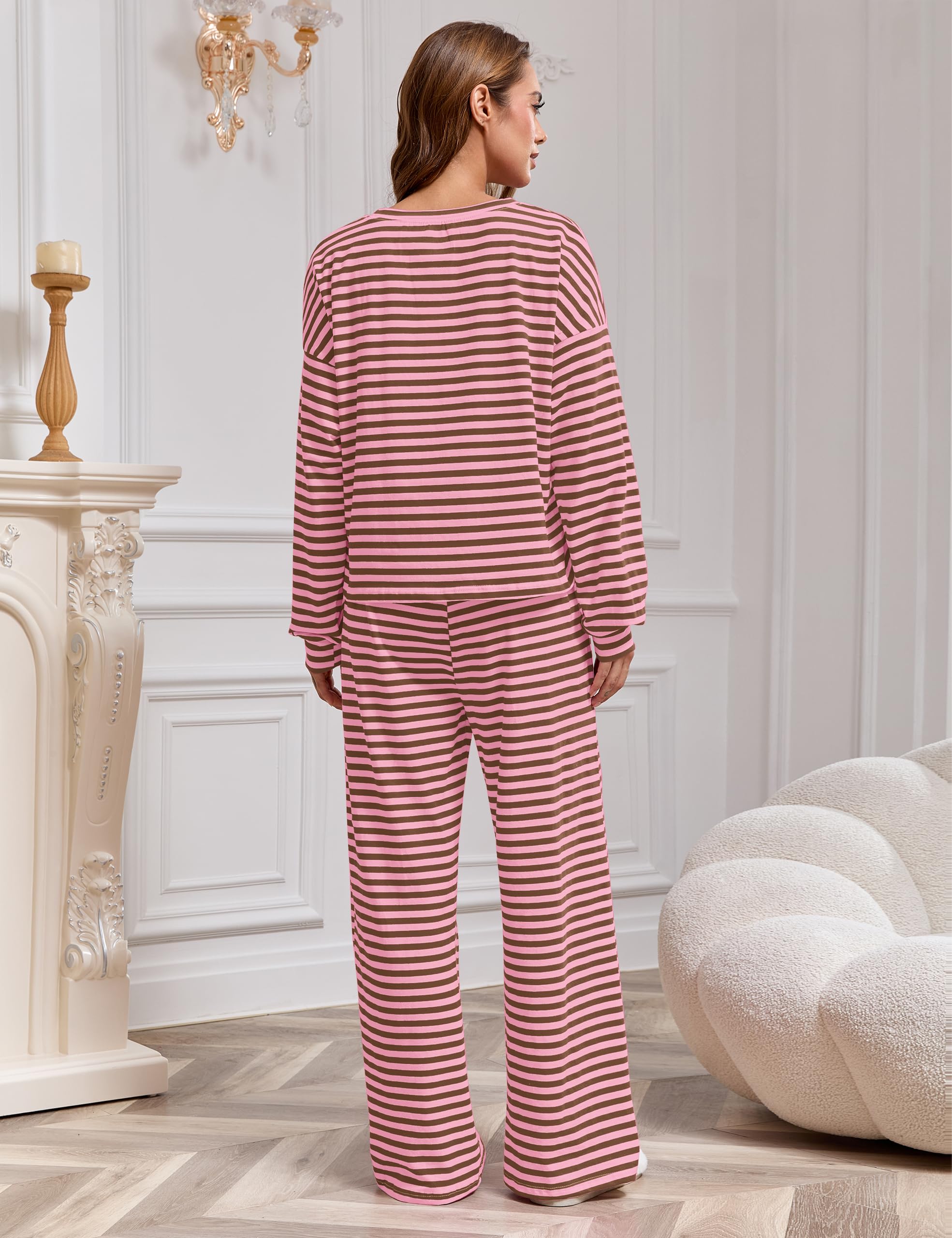 MISSACTIVER Women's Striped 2 Piece Lounge Set Casual Long Sleeve T-Shirt Drawstring Wide Leg Pants Matching Pajamas Set