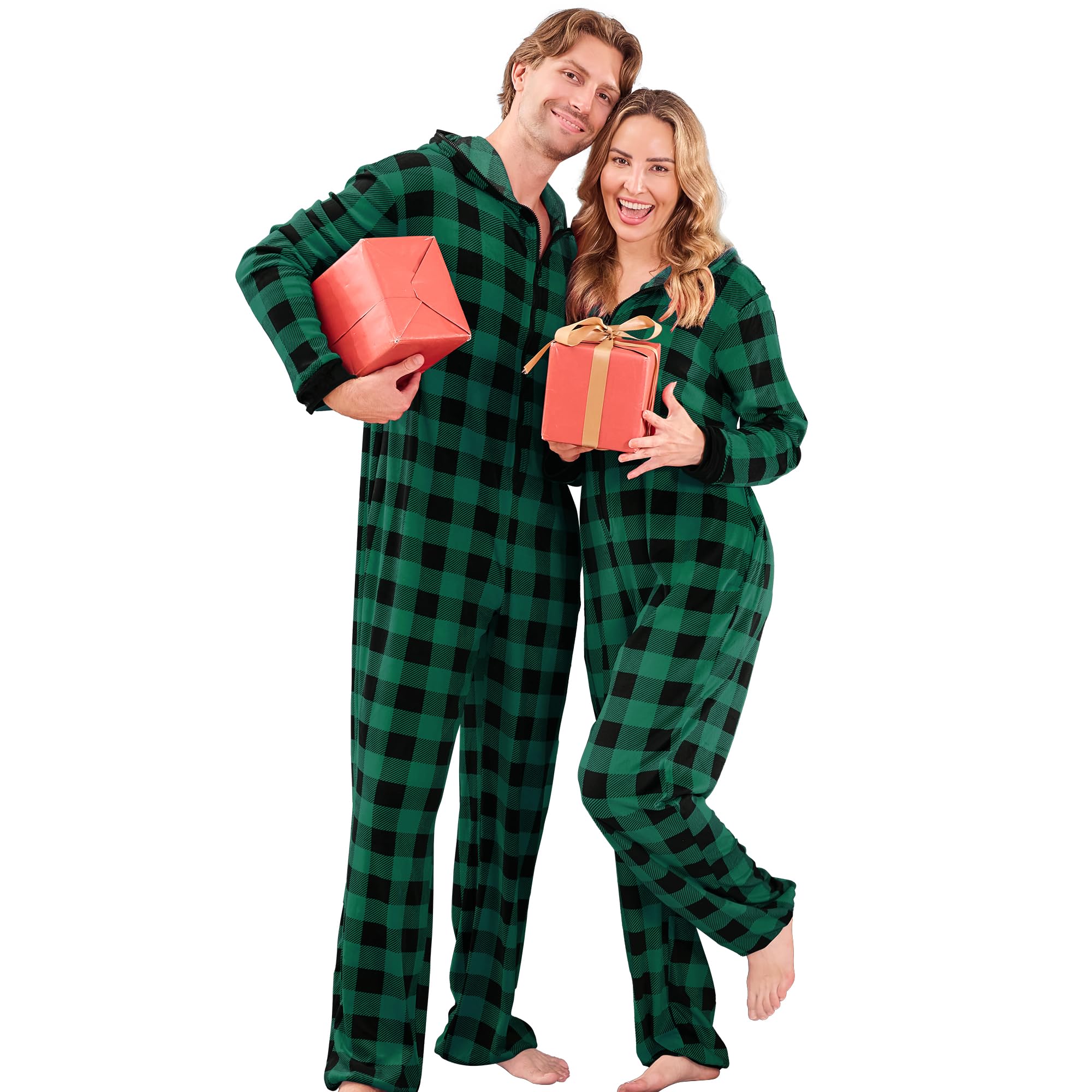 PJGGZ Onesie Couples Matching Pajamas - Funny Plaid Zipper Hooded Pjs Sets for Women & Men Soft Warm Christmas Jumpsuit WEBE CLOTHING